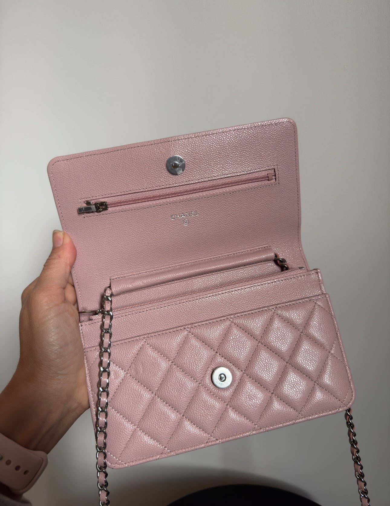 Chanel Wallet on Chain, 2023, Caviar Quilted Leather,  Pink with Silver Hardware