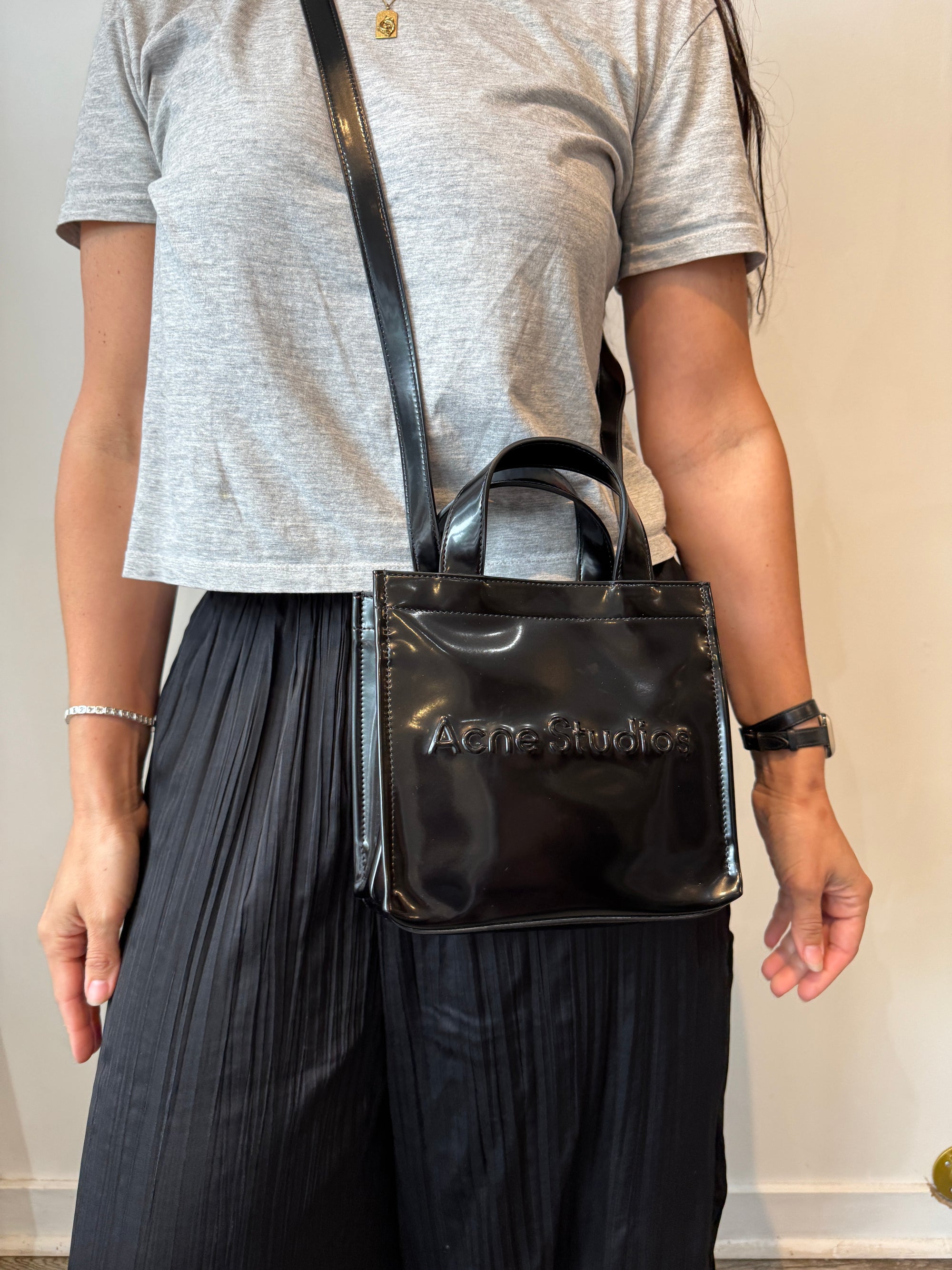 Acne Studios black patent small shopper tote bag, Black