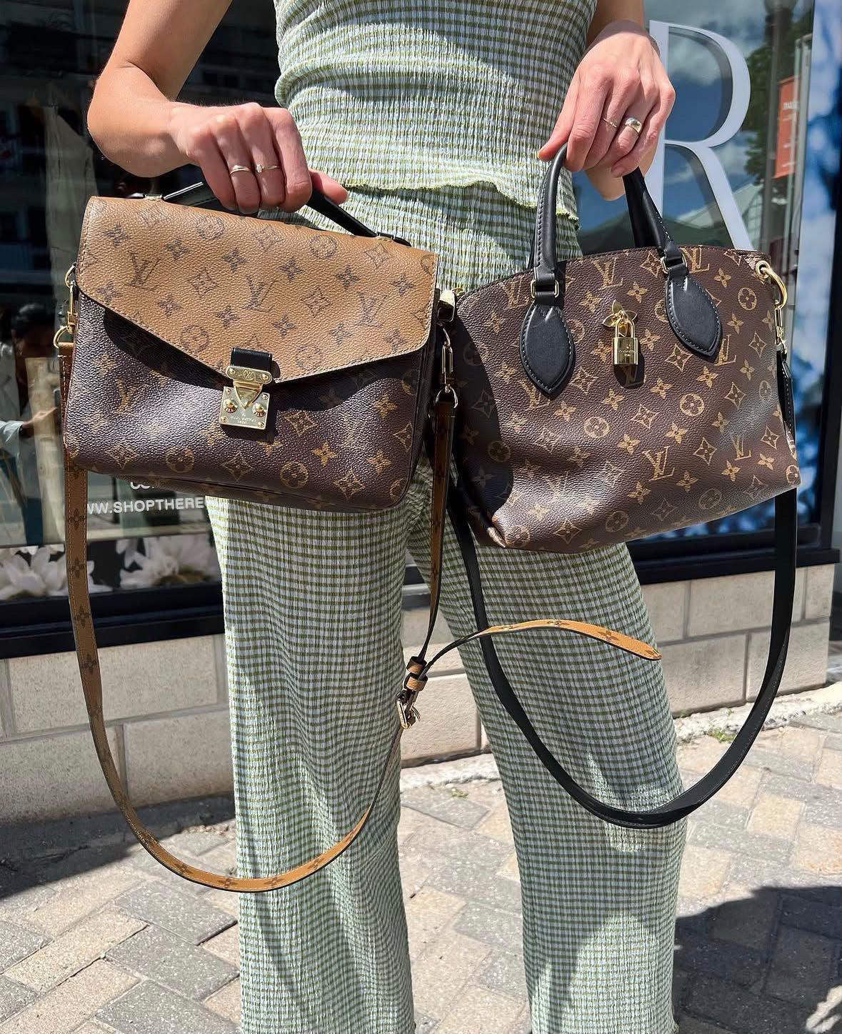 Owner of The Recollective in Ottawa holding a Louis Vuitton monogram Pochette Métis handbag