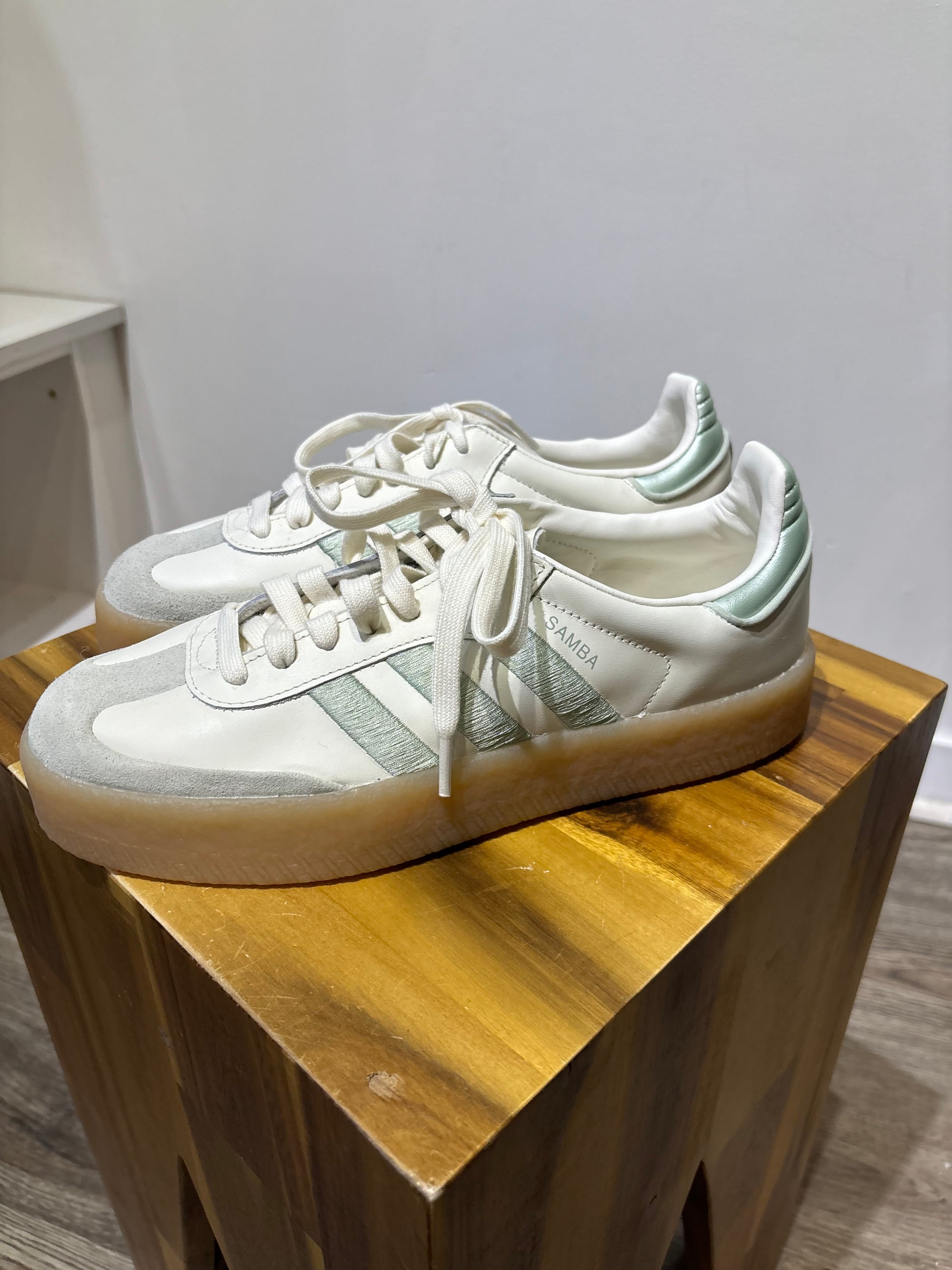 Adidas white + metallic green Sambae sneakers