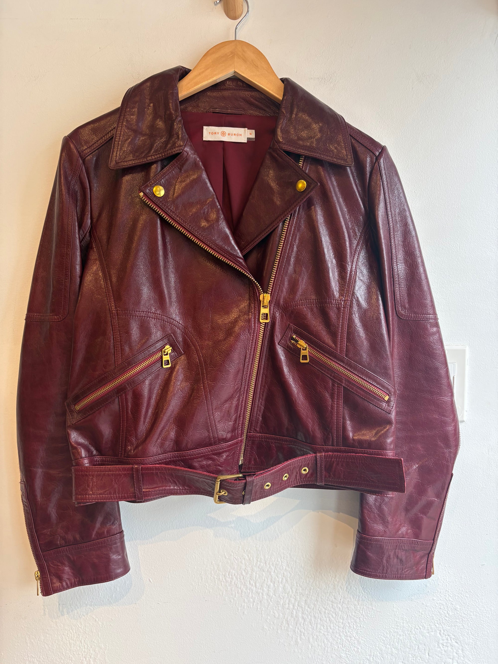 Tory Burch leather biker jacket, Deep Red, 10
