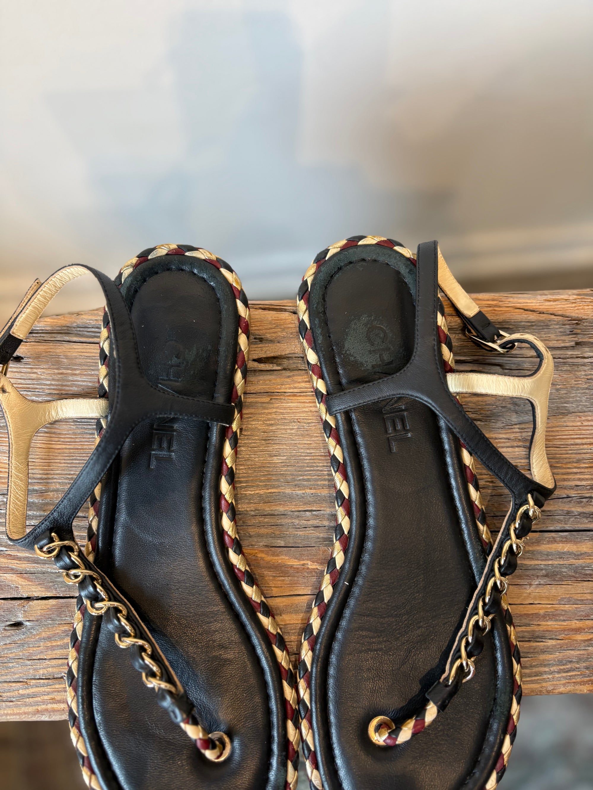 Chanel T-Strap Sandals, Black/Burgundy, 40