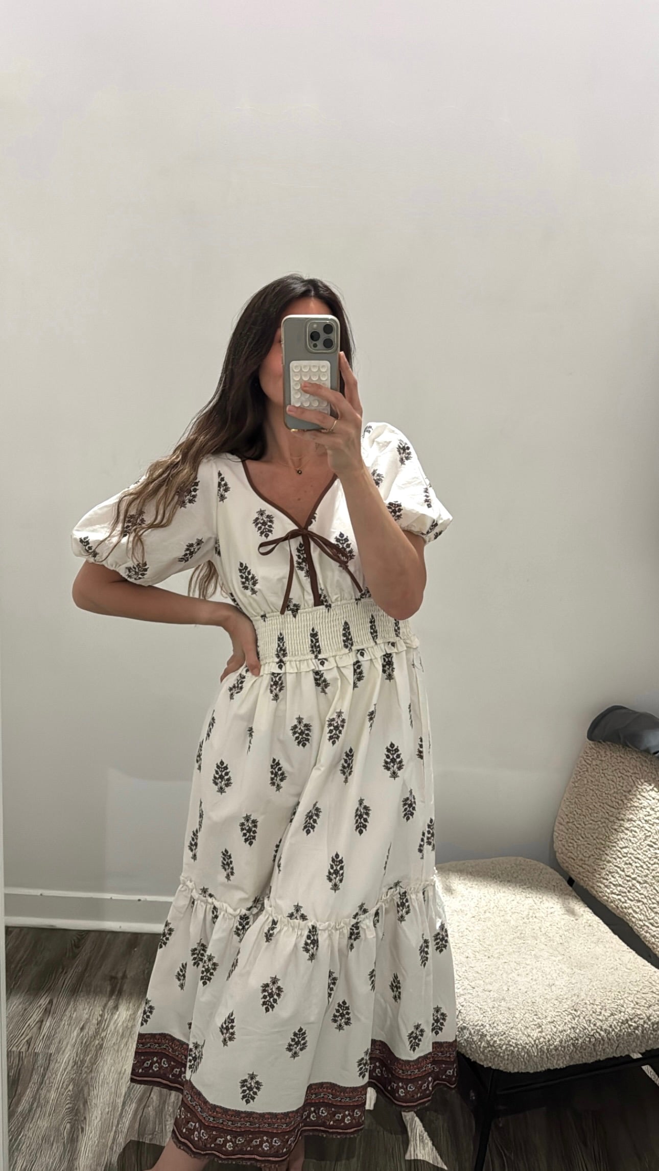 Anthropologie x Moon River printed tie front midi dress, Cream Brown, Large