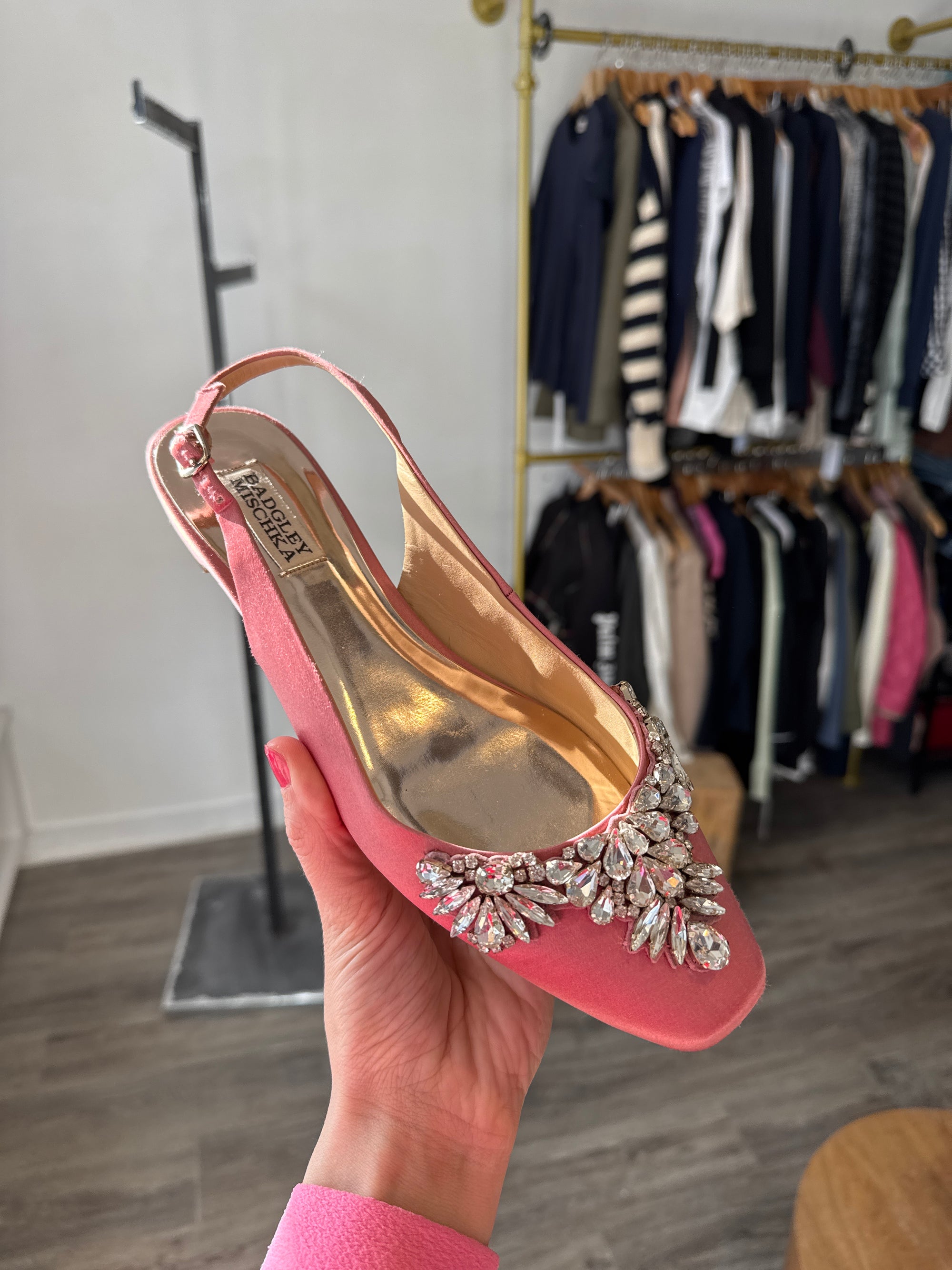 Badgley Mischka, Pink Crystal Slingback Flats, Size 8.5