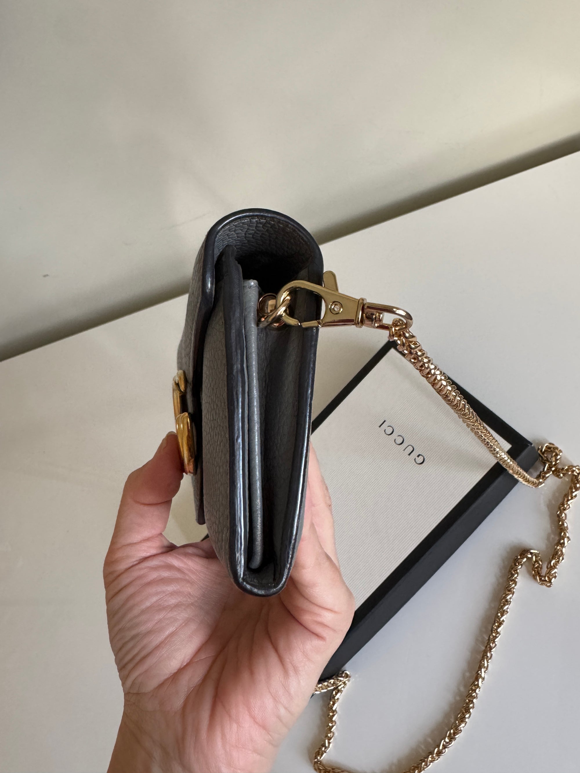 Gucci GG long wallet with gold chain, Grey