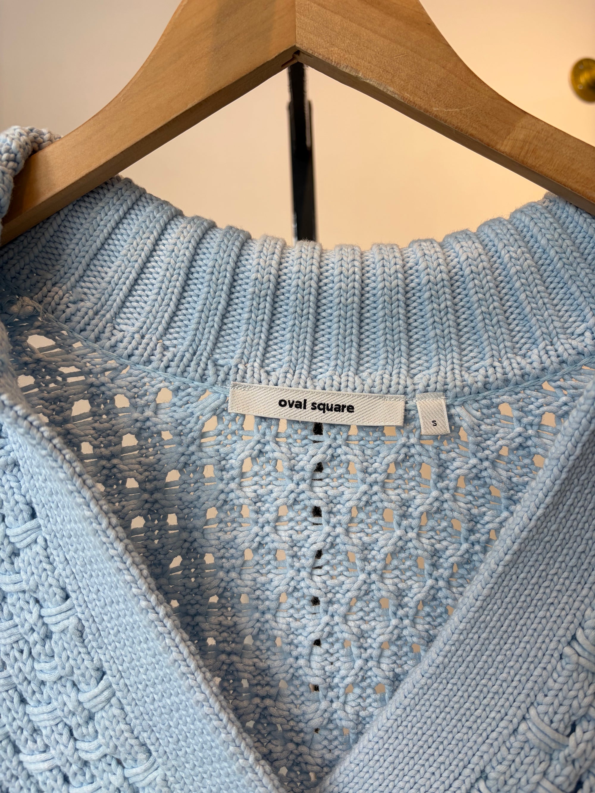 Oval Square Cropped Knit Polo Sweater, Blue, Small