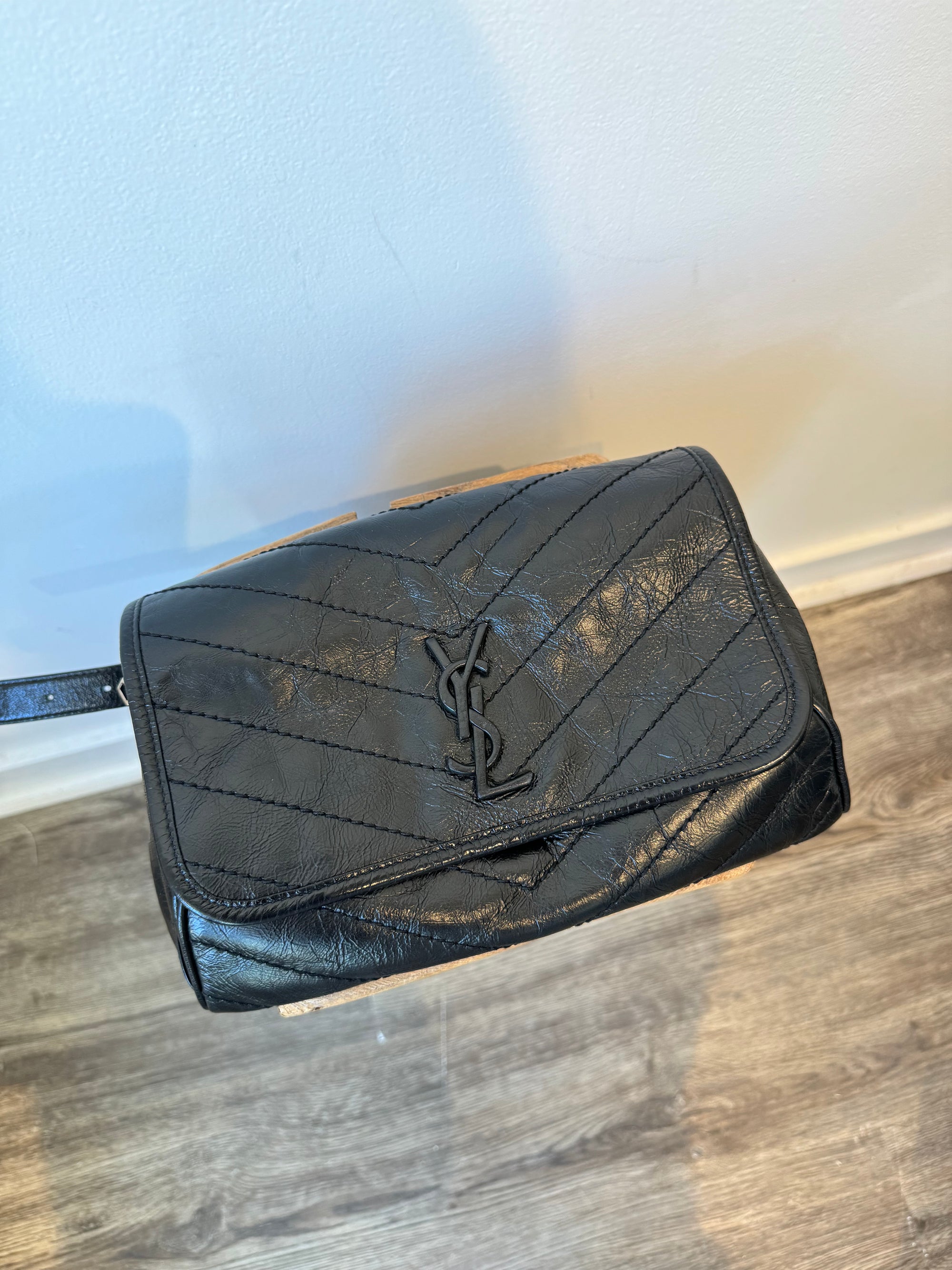 YSL crinkled leather black Nikki Belt Bag