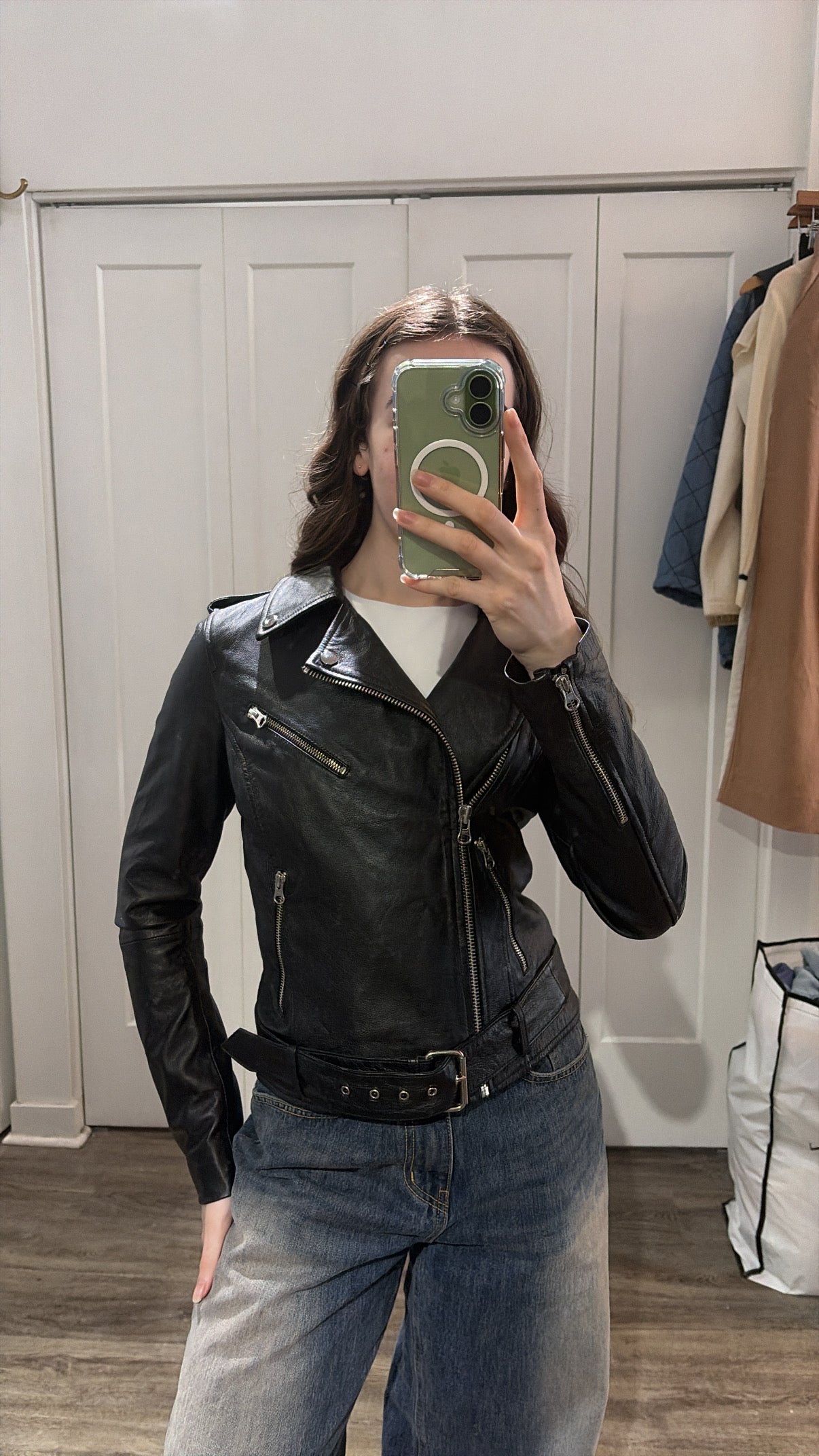 Barney's Originals Genuine Leather Biker Jacket NWT, Black, 8 (fits XS/S)