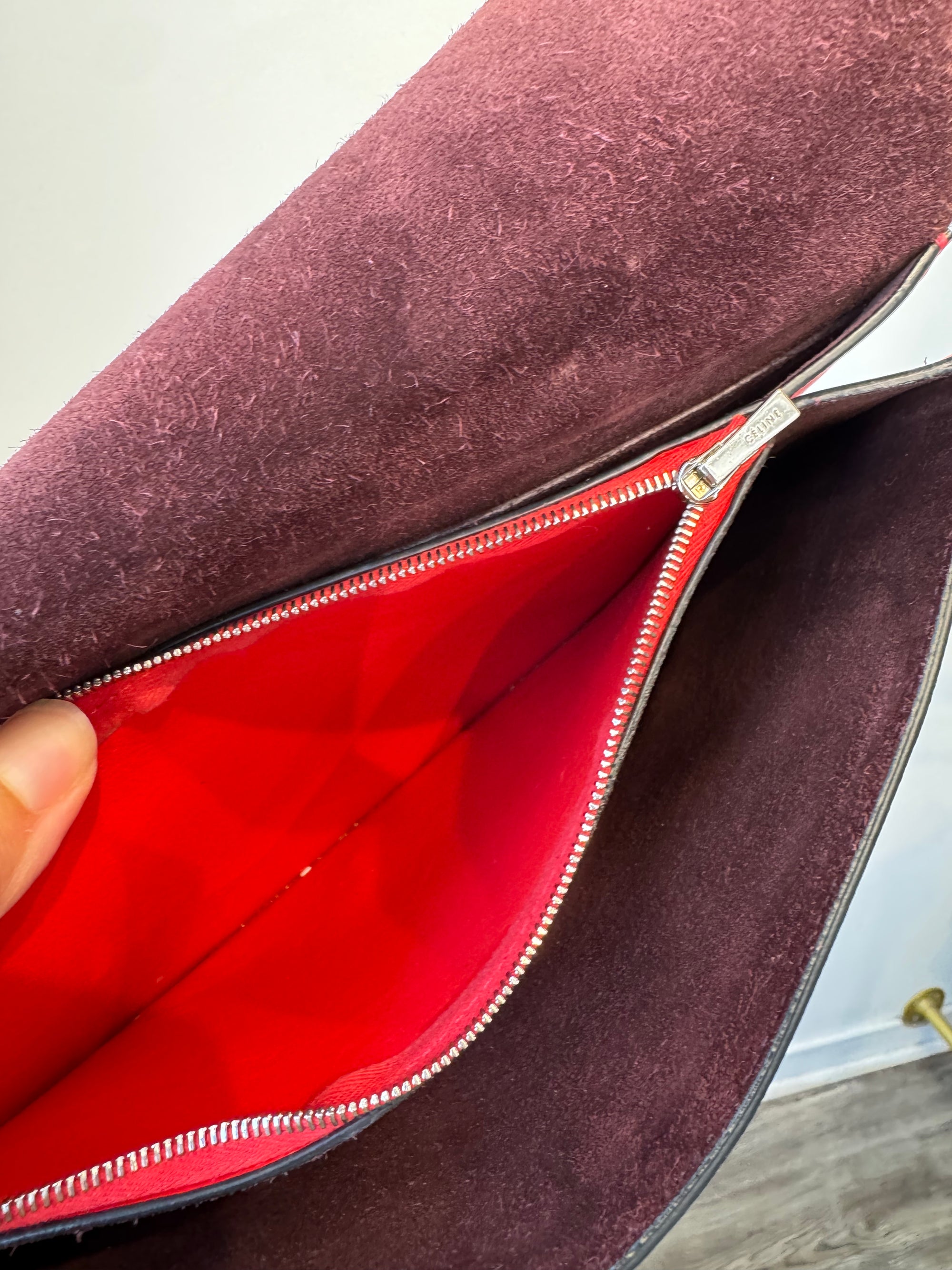 Celine Red Leather And Suede Diamond Clutch Handbag