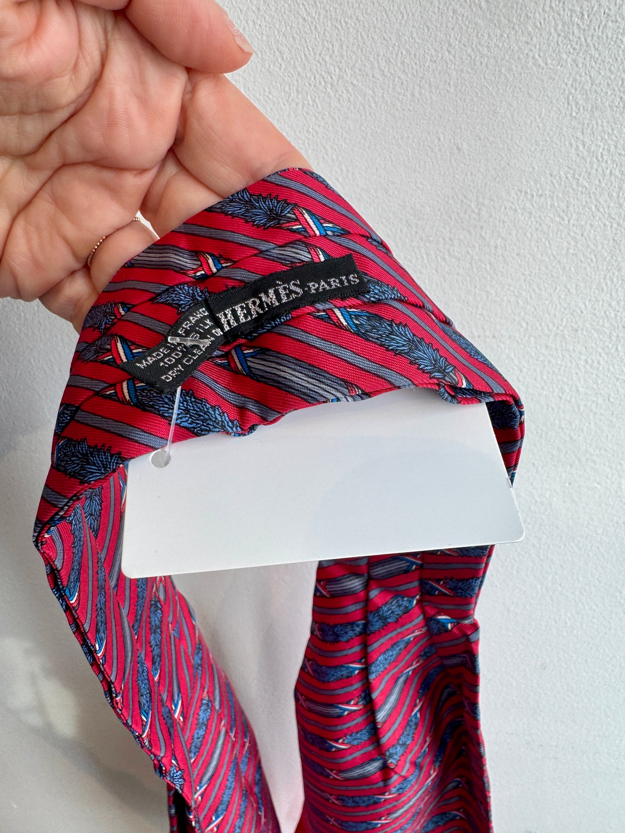 Hermès 100% silk ascot tie, red/blue printed