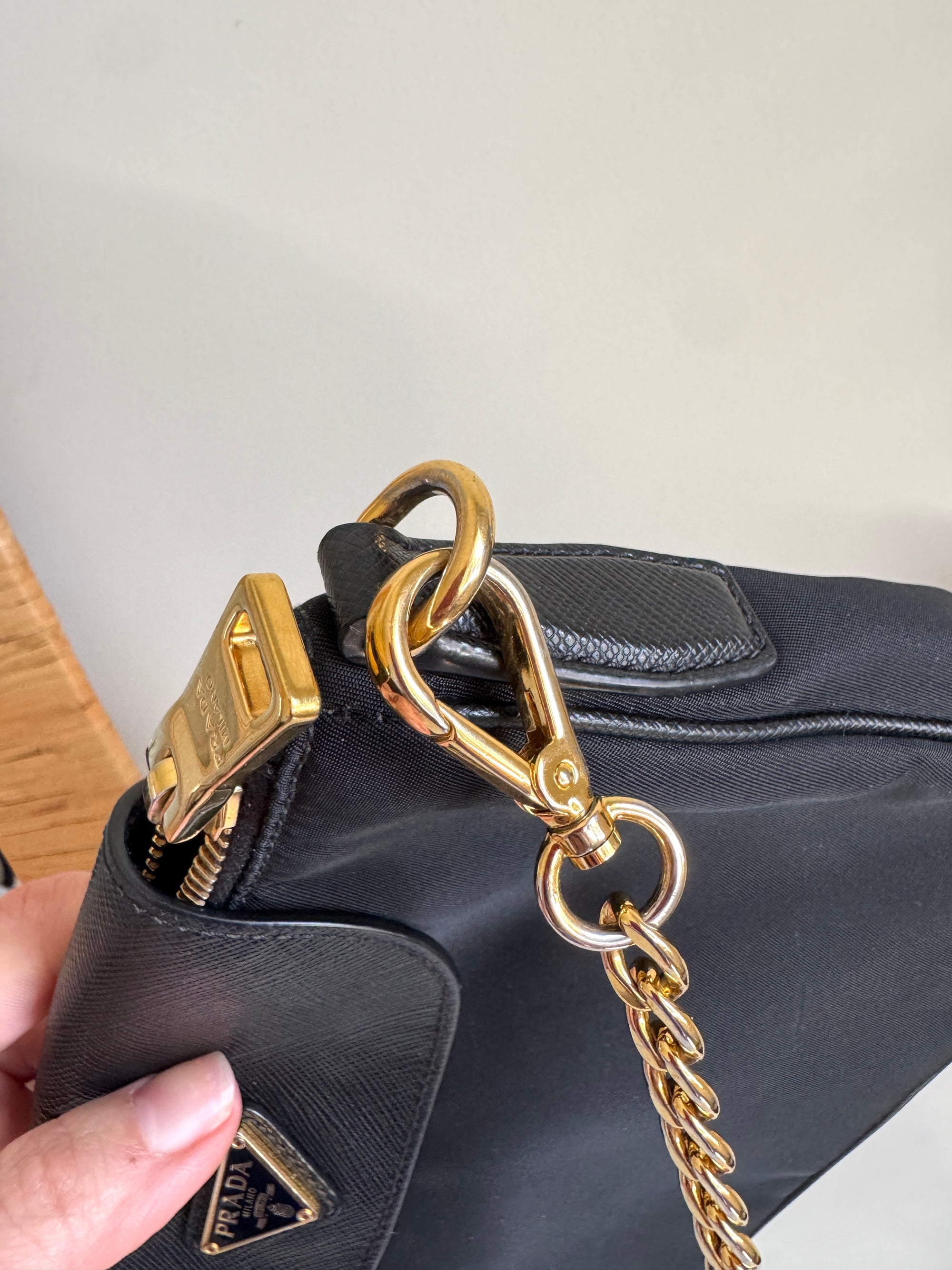 Prada Saffiano Trimmed Nylon Crossbody with gold chain,  Black