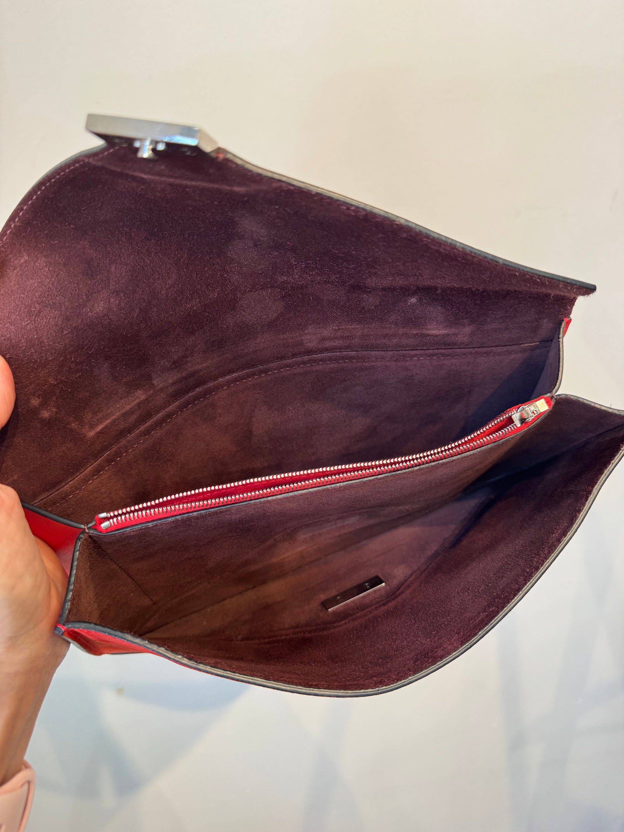 Celine Red Leather And Suede Diamond Clutch Handbag