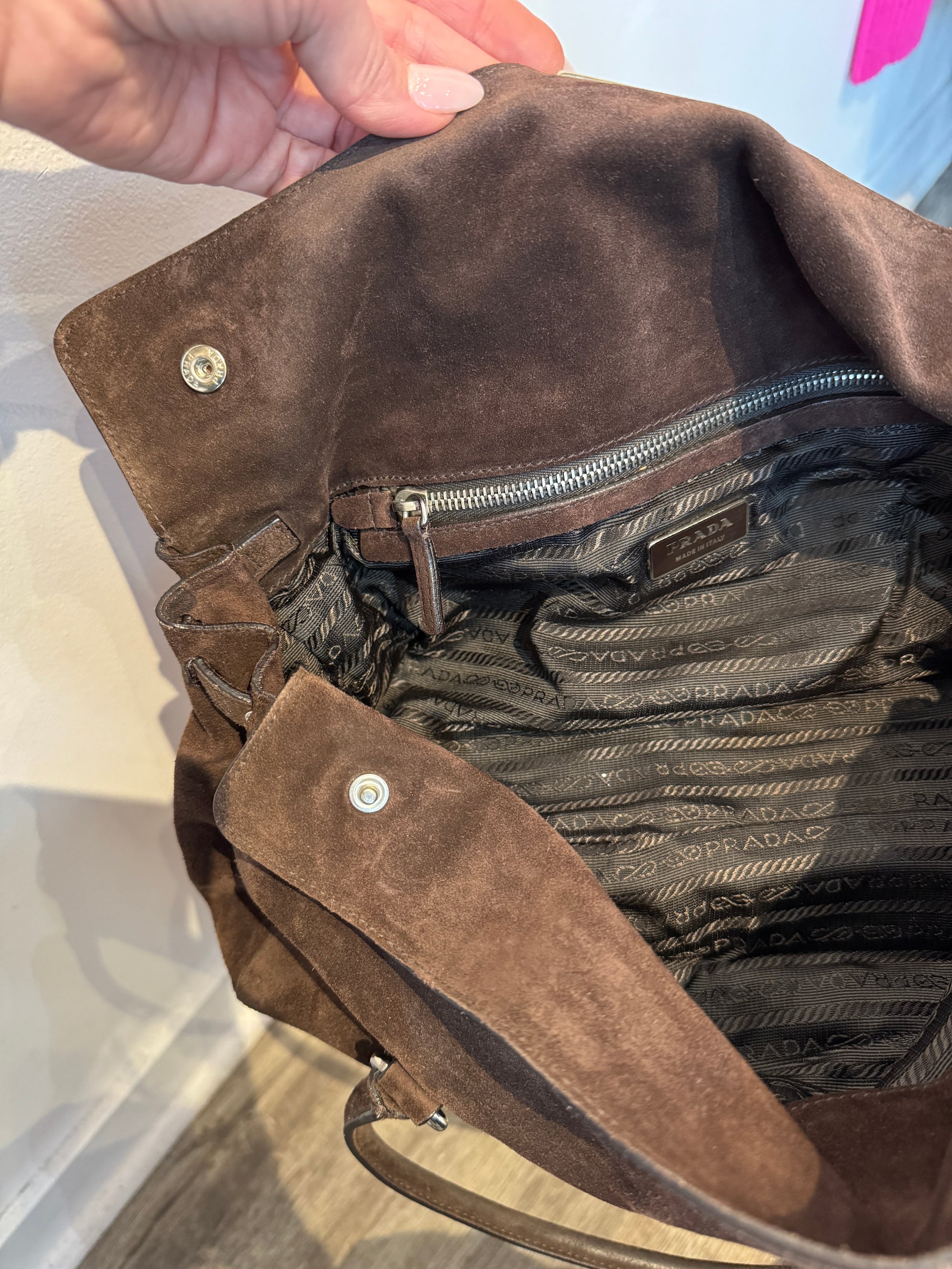 Prada Moro Suede Camoscio Easy Shoulder Bag, Brown