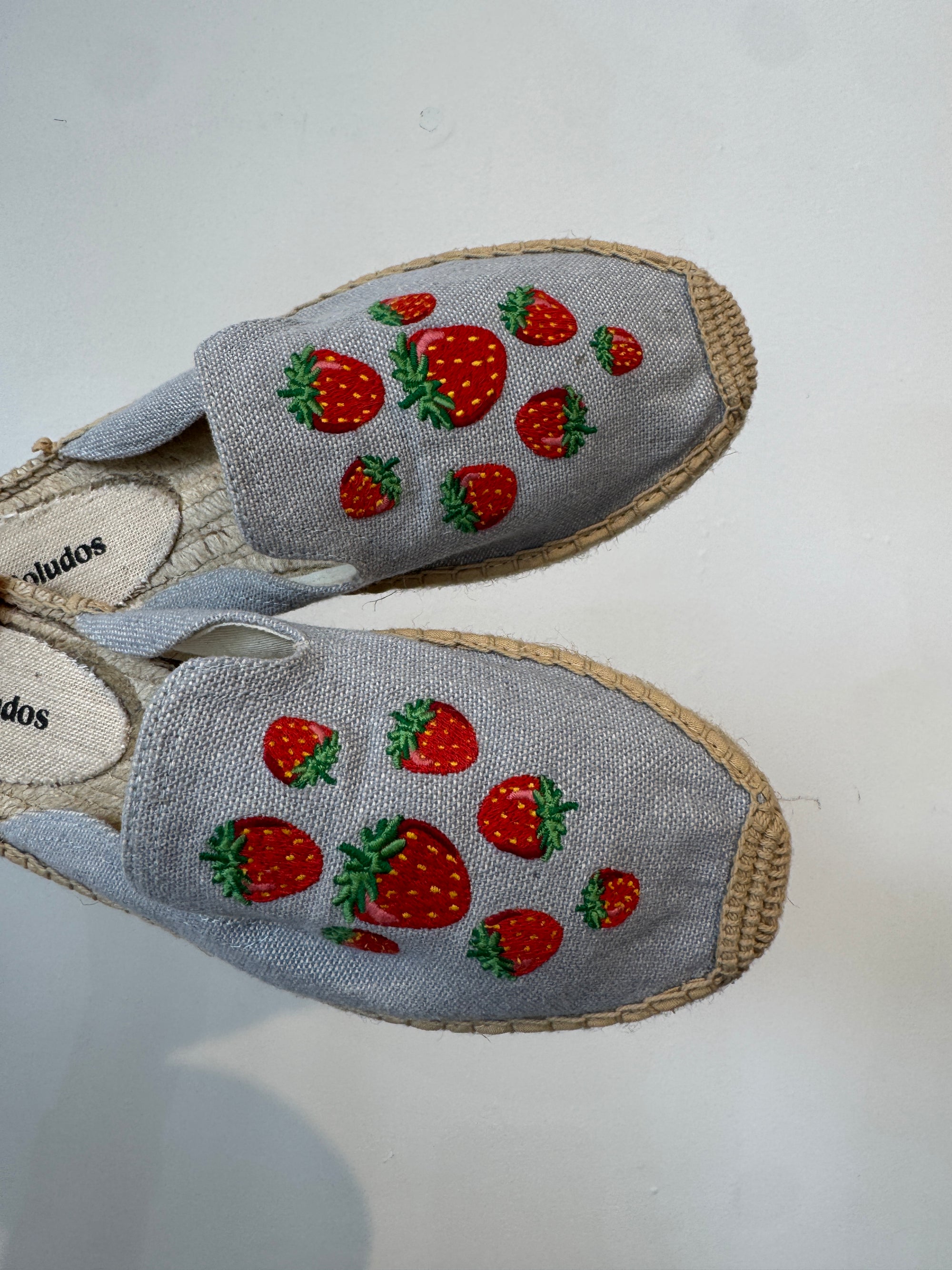 Soludos strawberry patch espadrilles mules, blue, 8.5