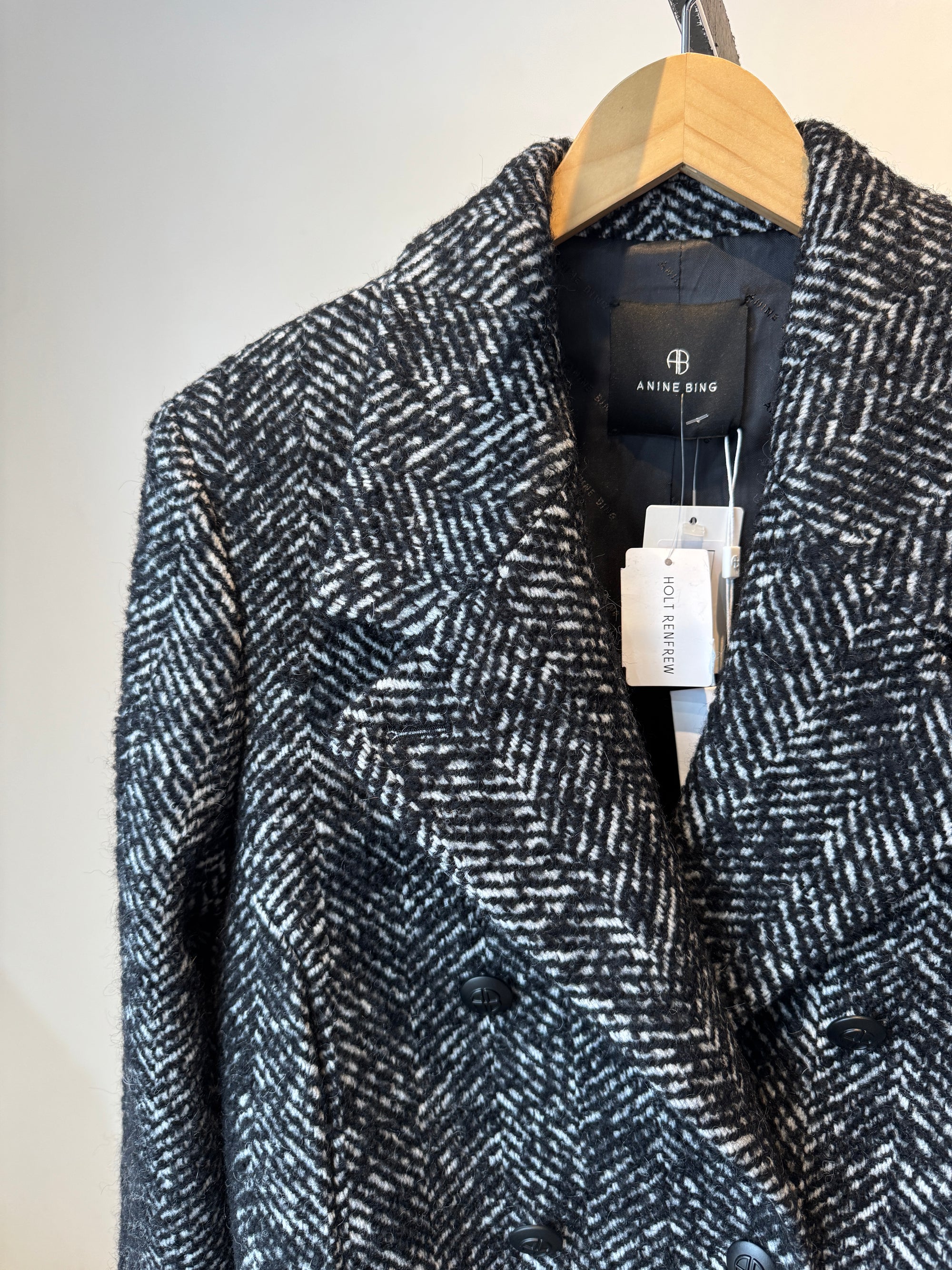 Anine Bing Vienna Double Breasted Herringbone Blazer, Black, XS