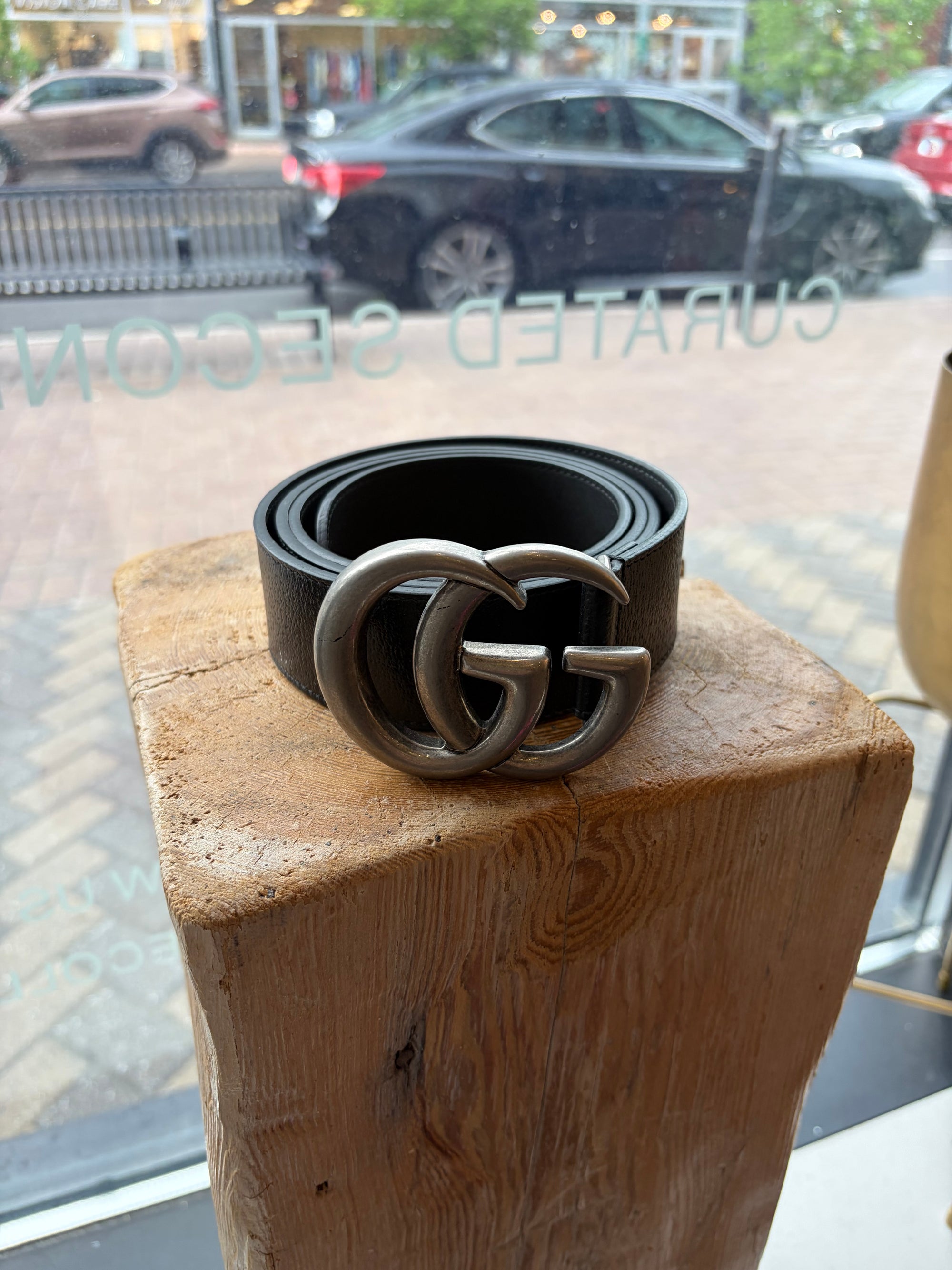 Gucci GG Marmont Wide Leather Belt, Black/Silver, 105/42
