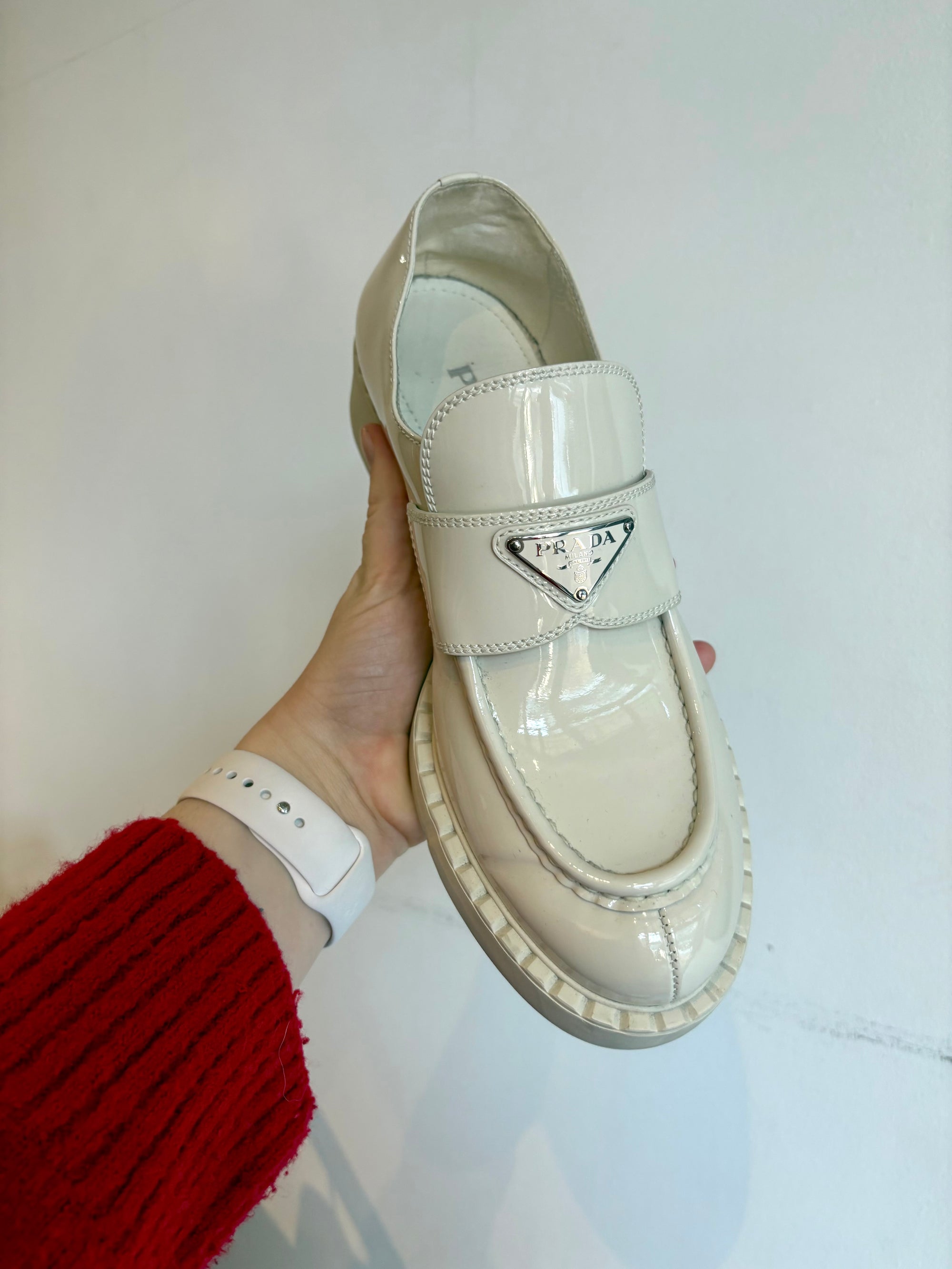 Prada Logo Plaque Loafers, White, 40