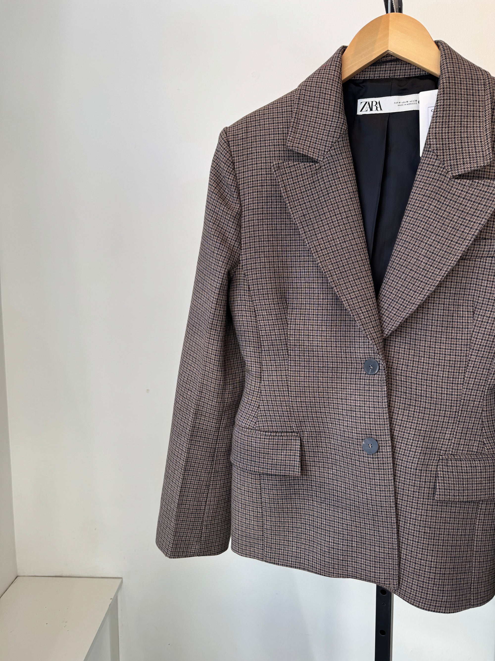 Zara houndstooth cinched blazer, Brown , Medium