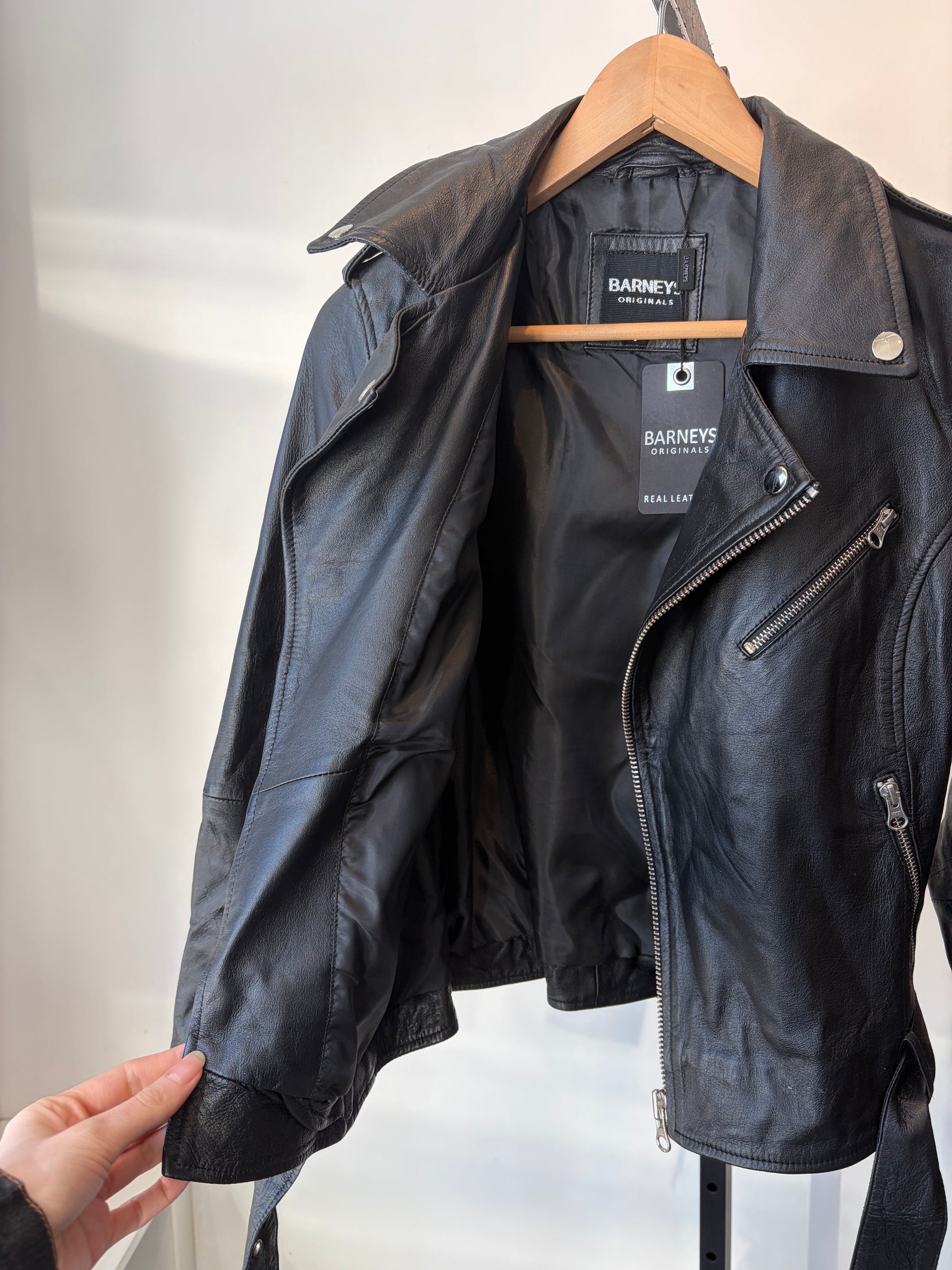 Barney's Originals Genuine Leather Biker Jacket NWT, Black, 8 (fits XS/S)