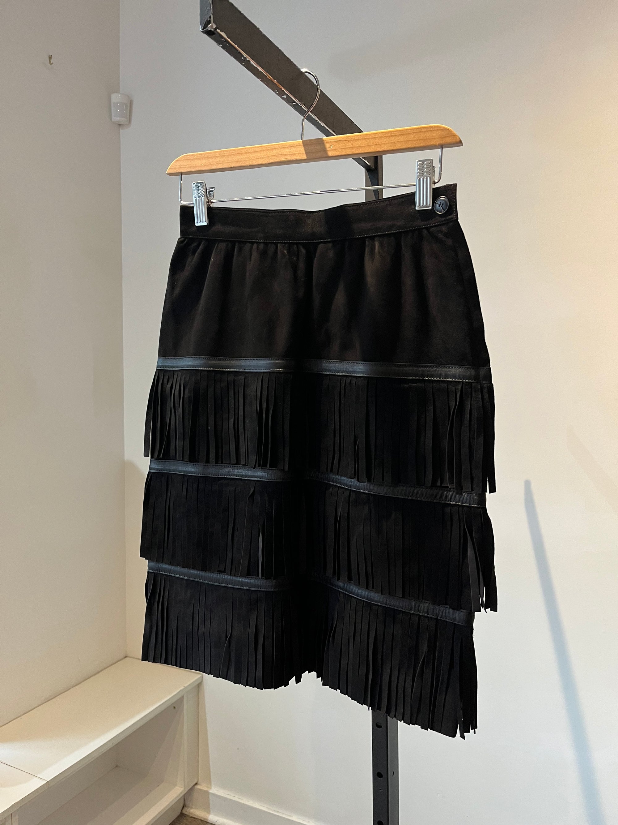 Saint Laurent Vintage Rive Gauche Suede Fringe Skirt, Black, 38