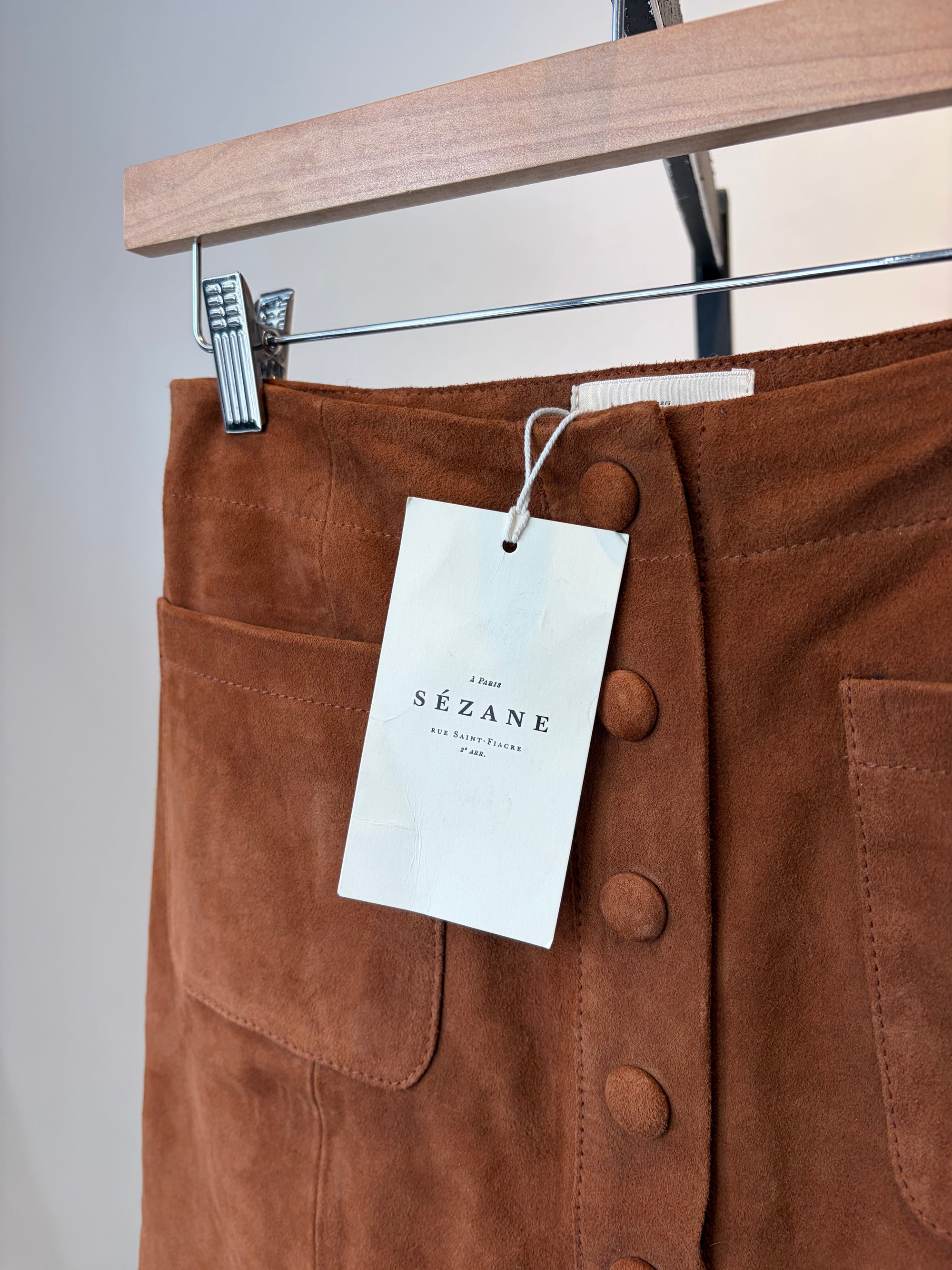 Sézane Nehir Suede Leather Skirt, Caramel, 34