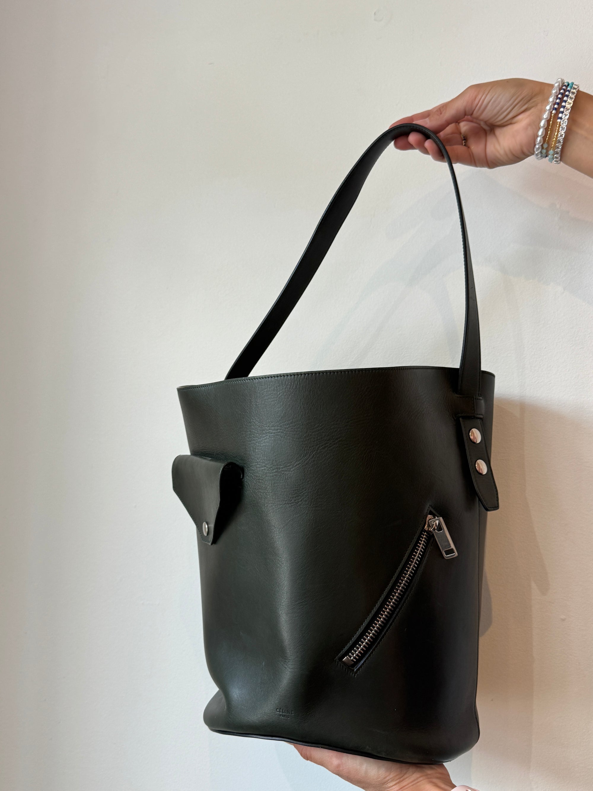 Celine Leather Bucket Bag Dark Forest Green