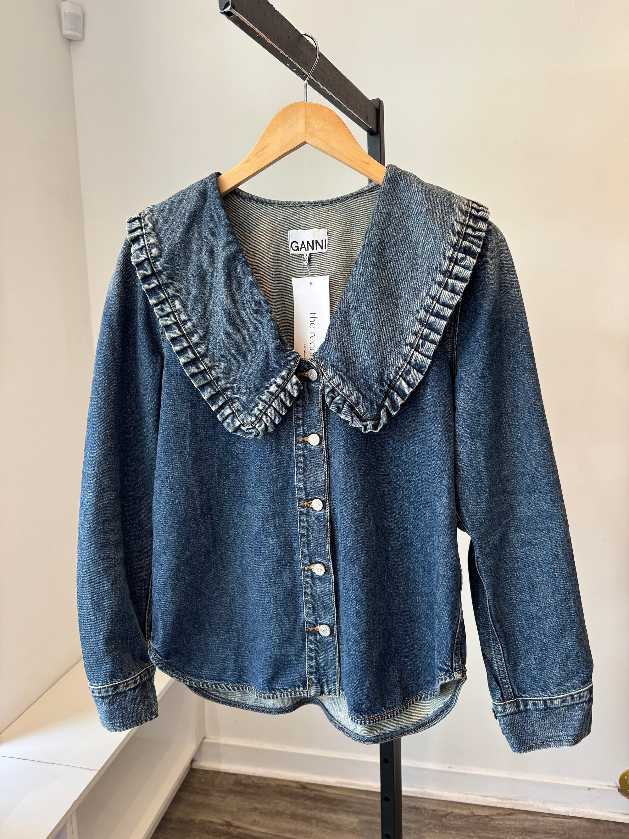 Ganni denim ruffle blouse, Blue, 38
