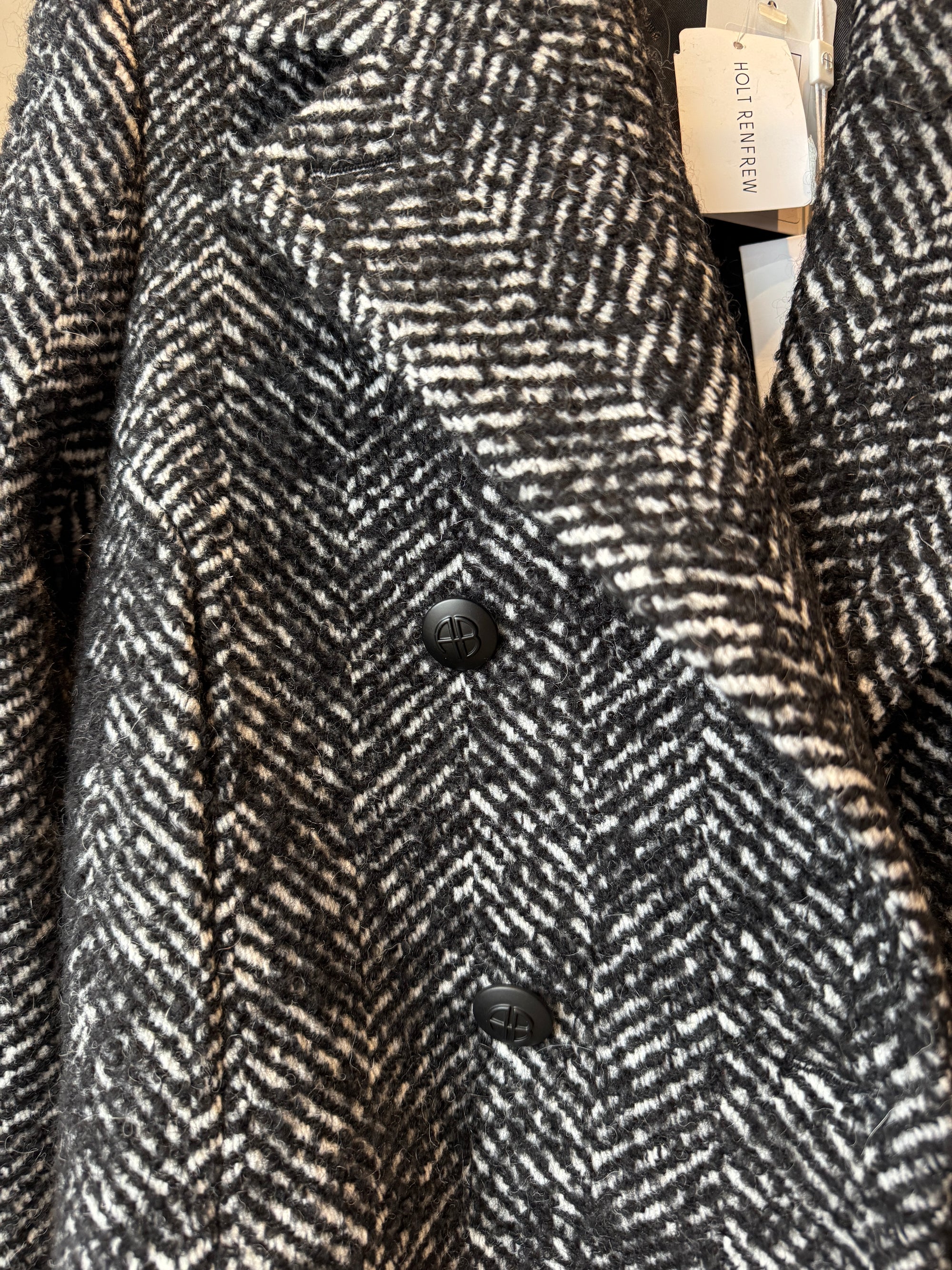 Anine Bing Vienna Double Breasted Herringbone Blazer, Black, XS