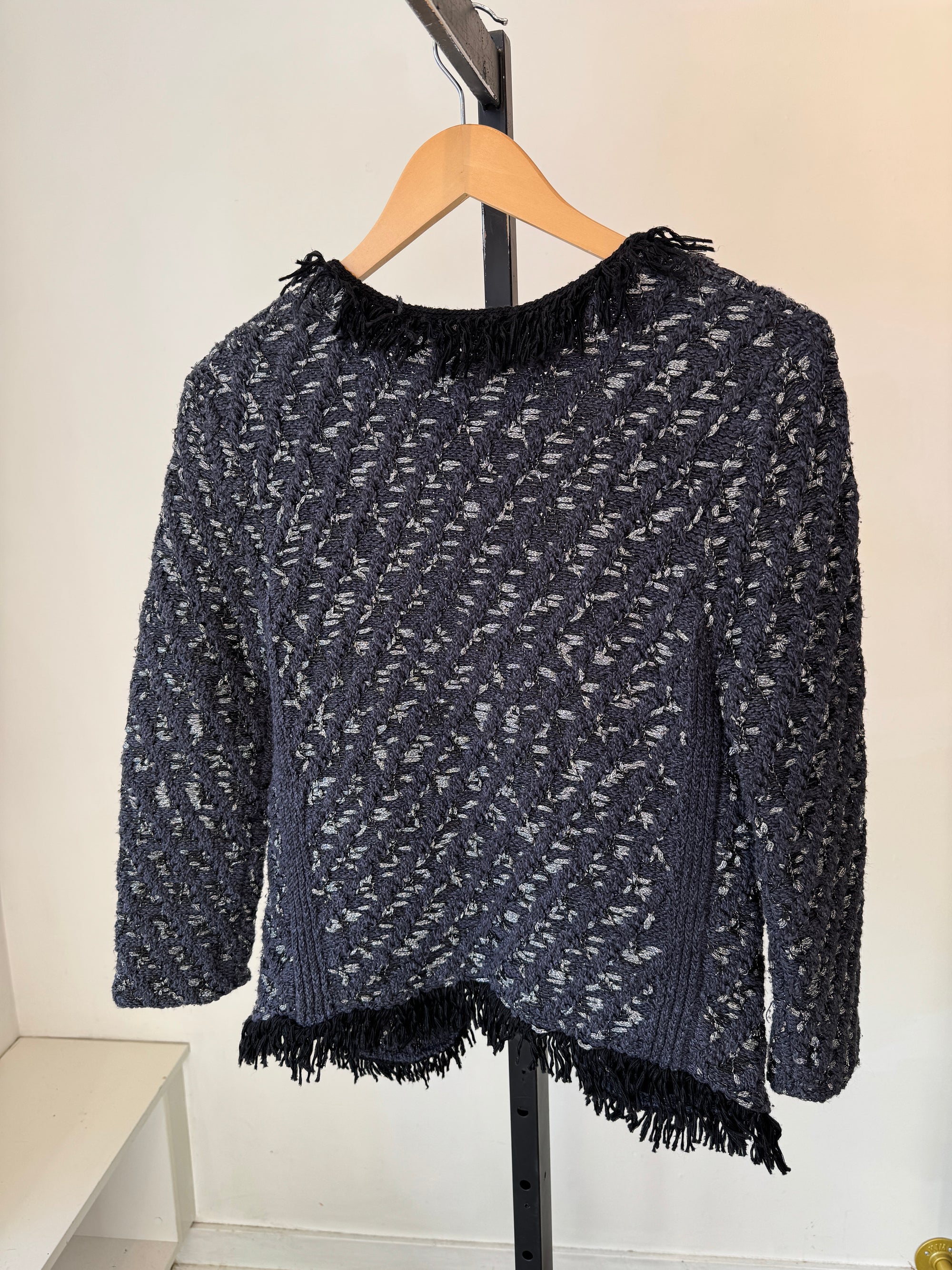 Maje tweed fringe open blazer, Navy, 1