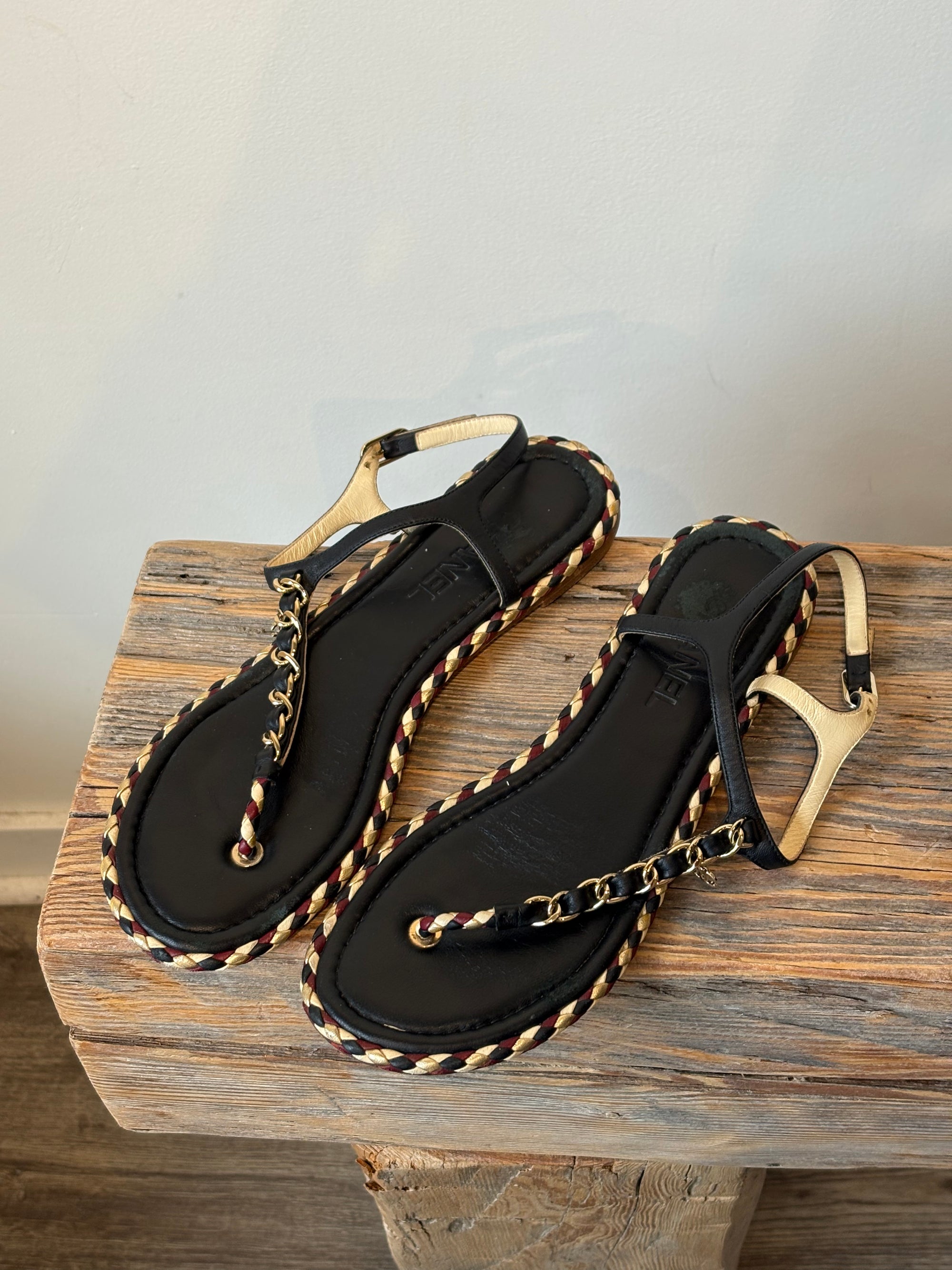 Chanel T-Strap Sandals, Black/Burgundy, 40