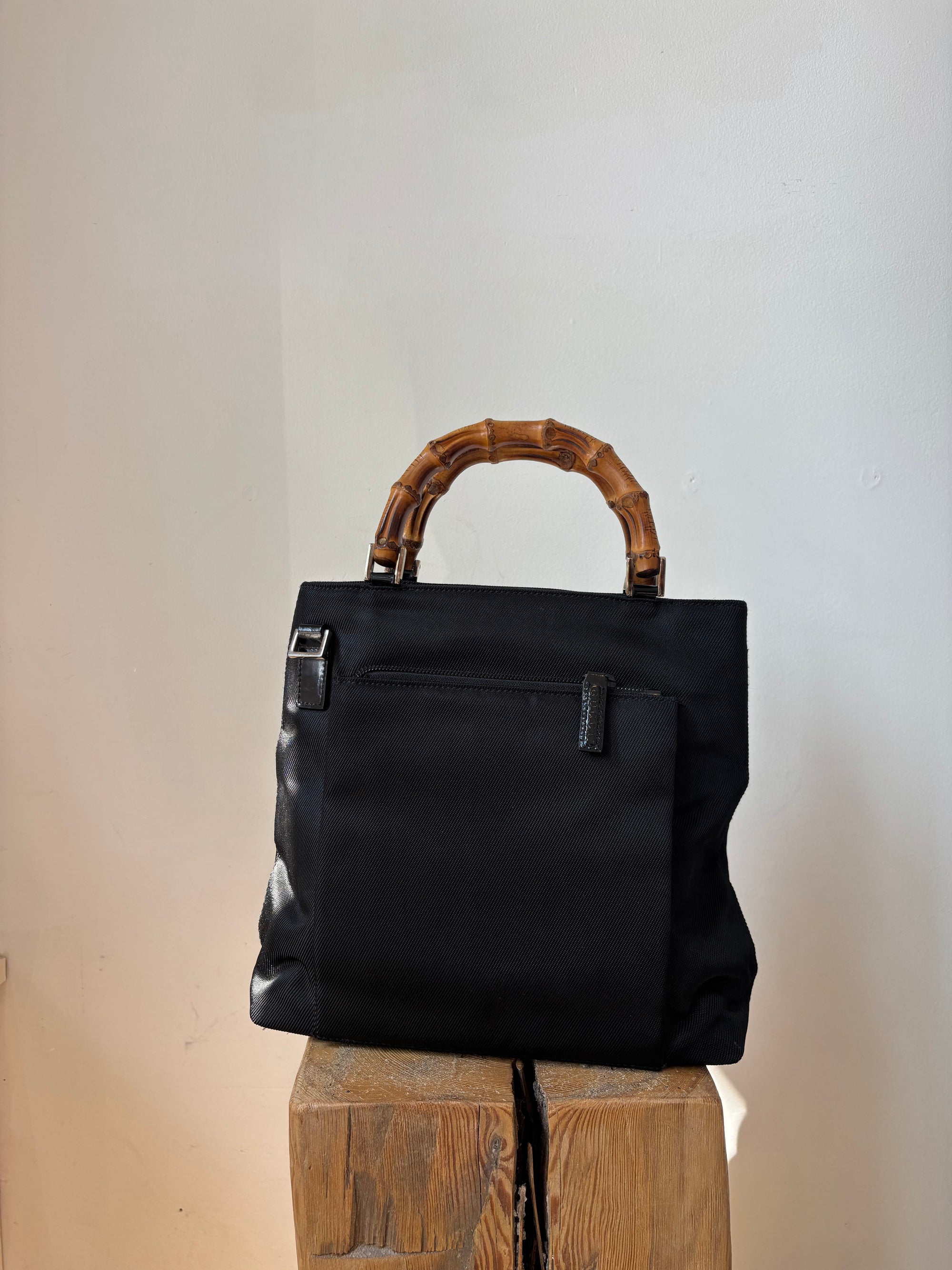 Gucci Black Nylon Bamboo Top Handle Handbag