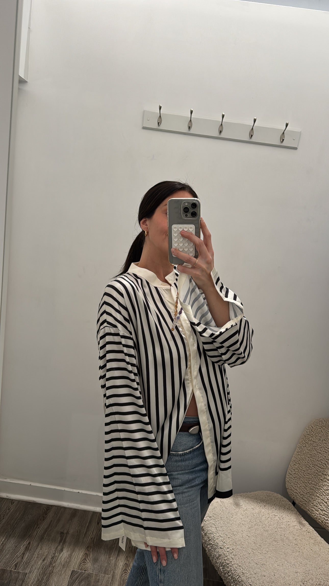 Commense 'Toteme Inspired' Satin Button up Top, Black/White Stripe, XL
