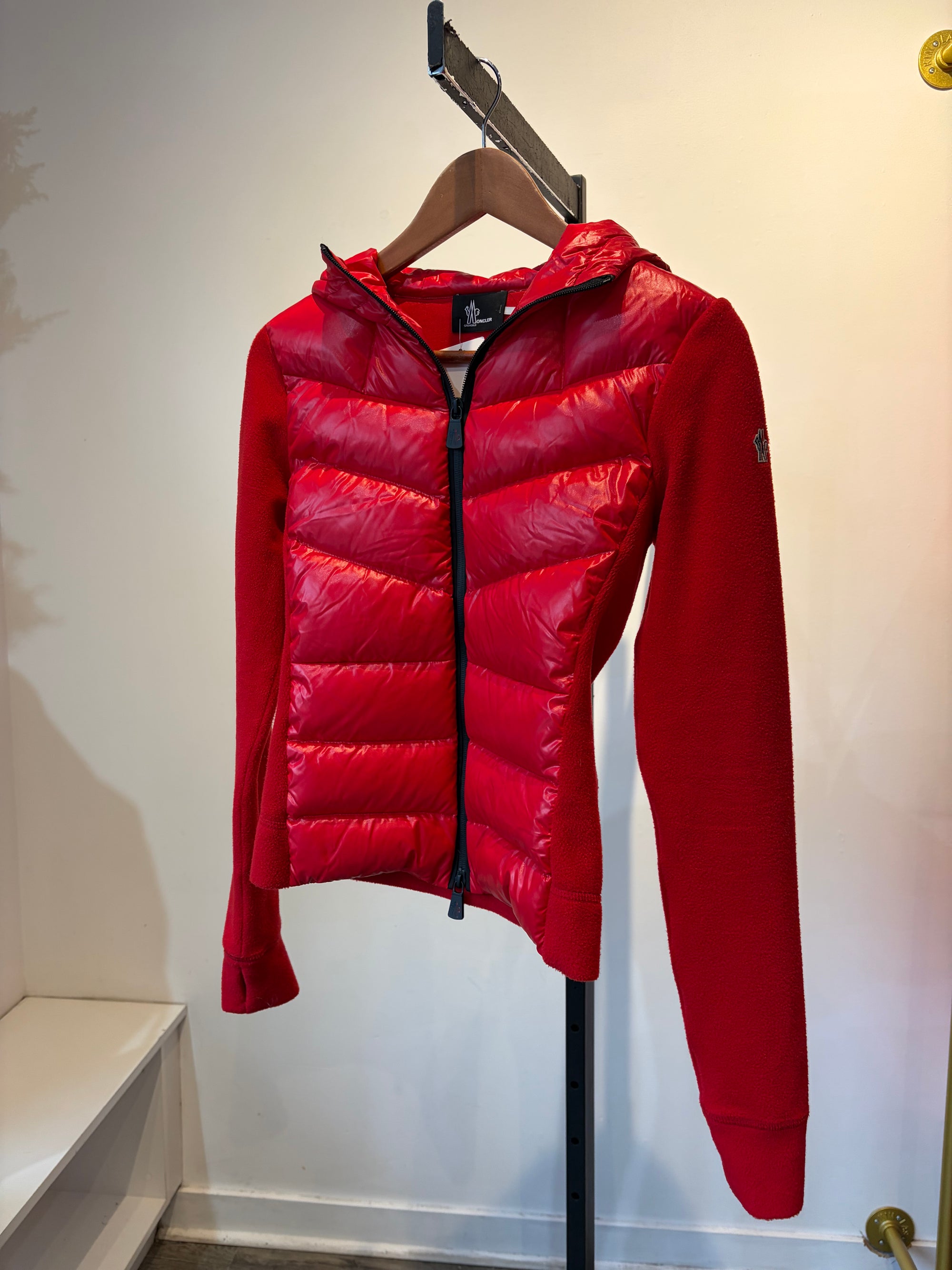 Moncler technical fleece hooded cardigan jacket,  Red, XS