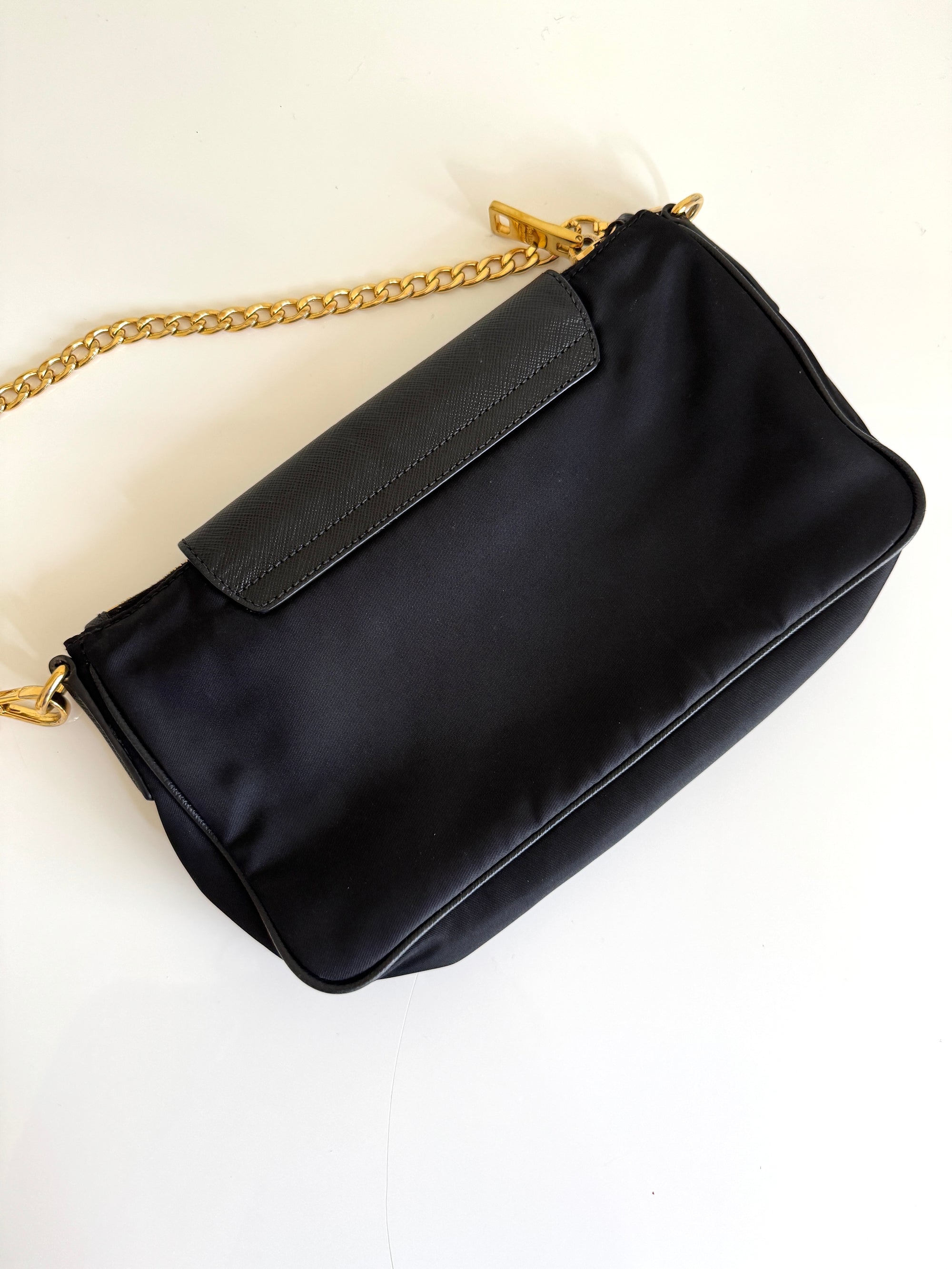 Prada Saffiano Trimmed Nylon Crossbody with gold chain,  Black