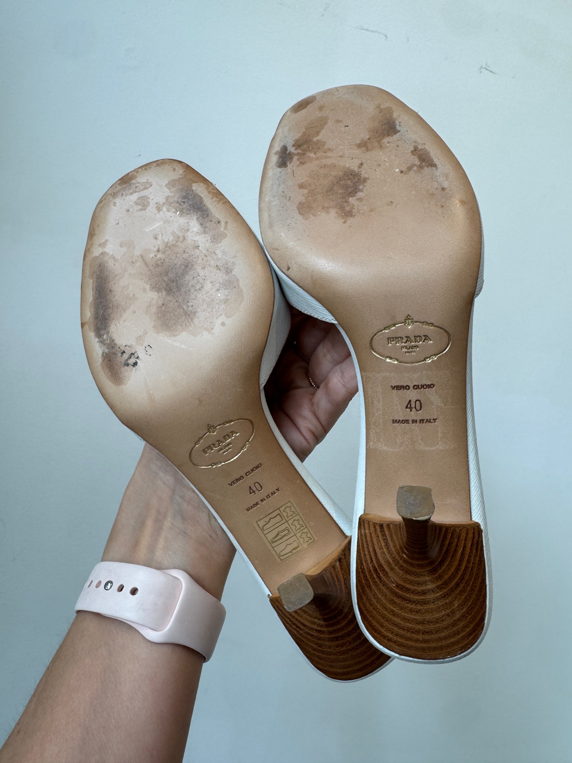Prada Logo Mule Heels, White, 40