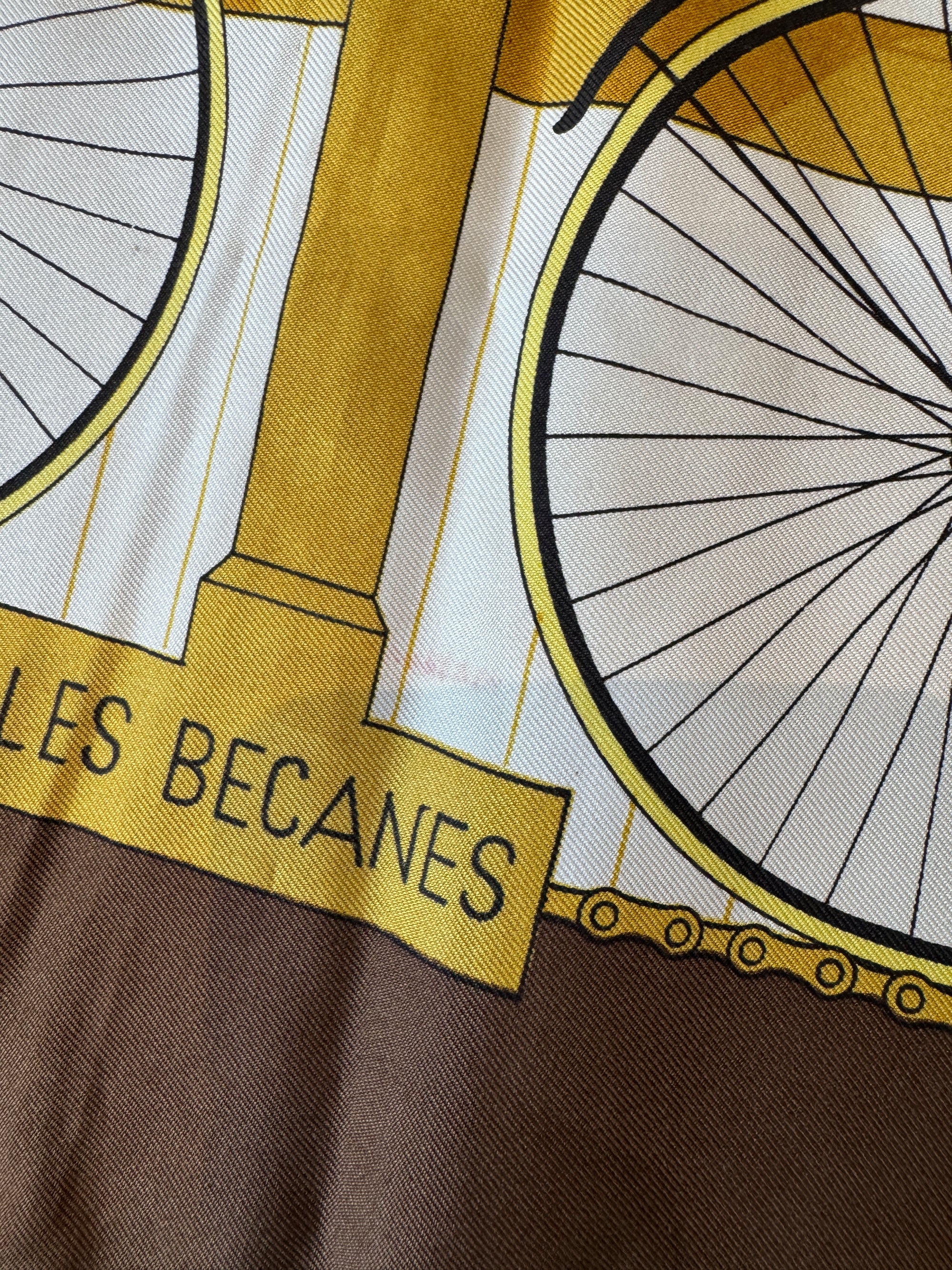 Hermès Les Becanes Silk Scarf, Circa 1953,  Cream/Brown/Yellow, 90x90