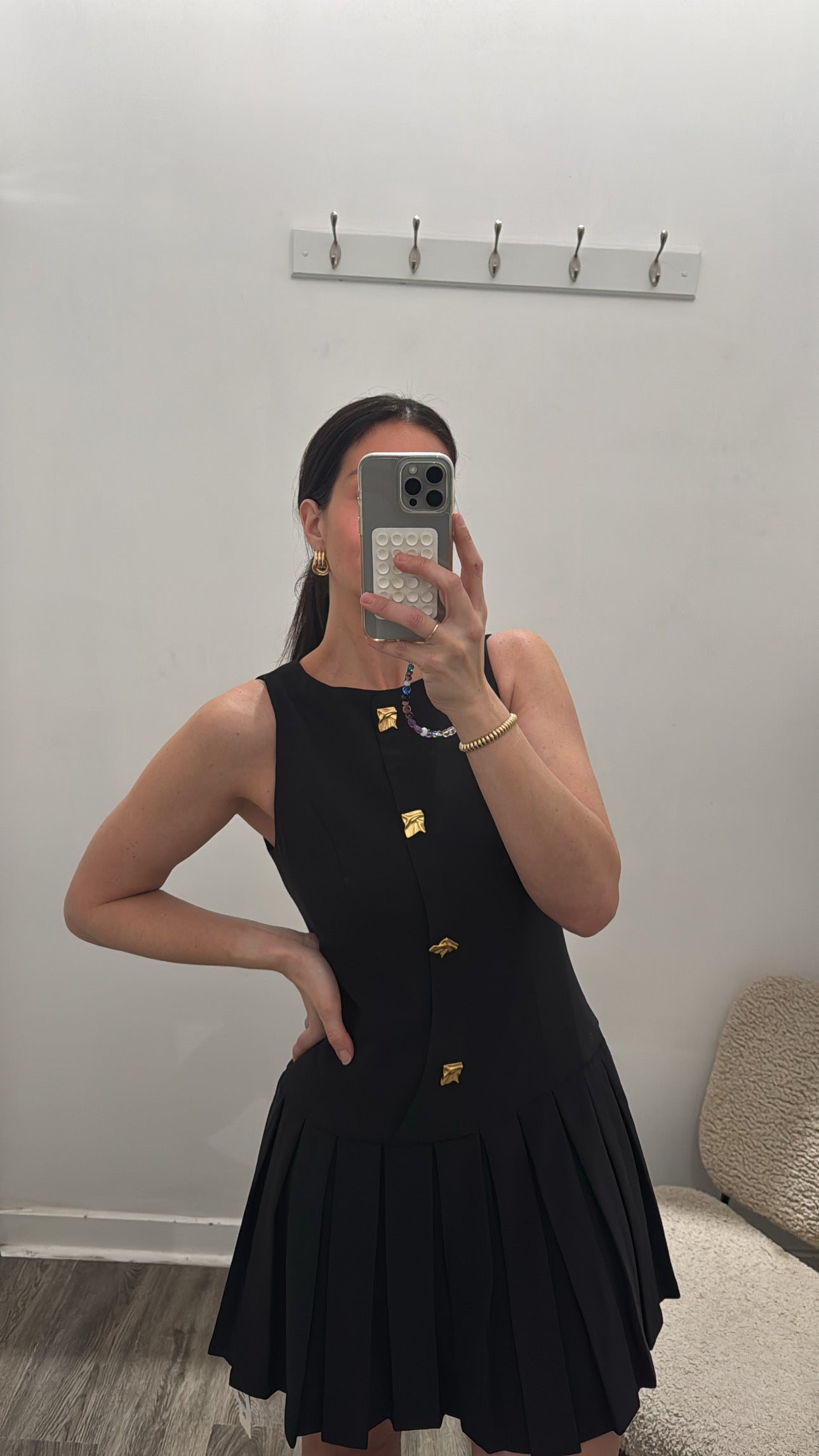 Commense Black Sleeveless Mini Dress with Pleated Skirt and Gold Buttons, Large