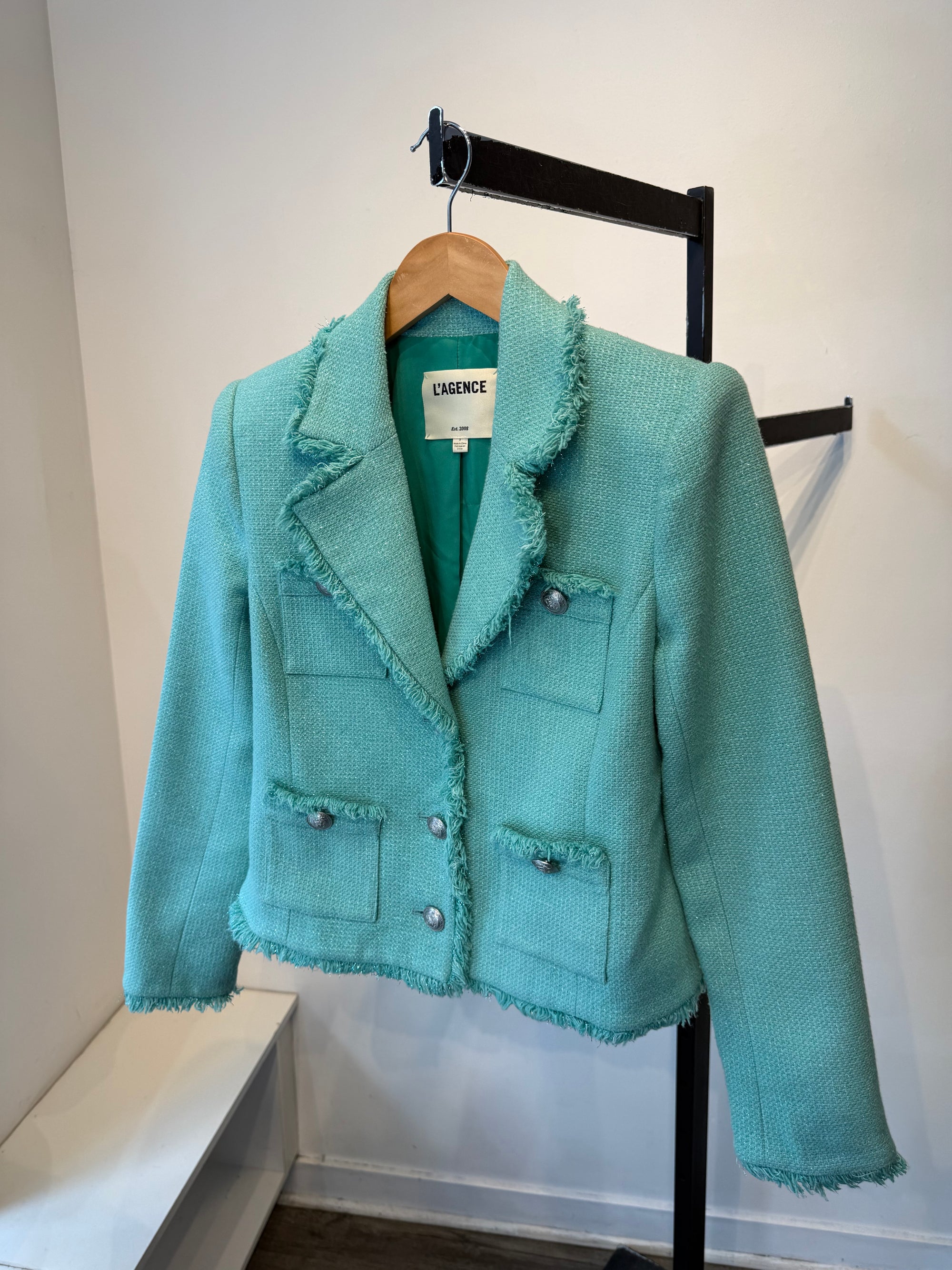L’Agence Sylvia Tweed Jacket, Aqua, 2