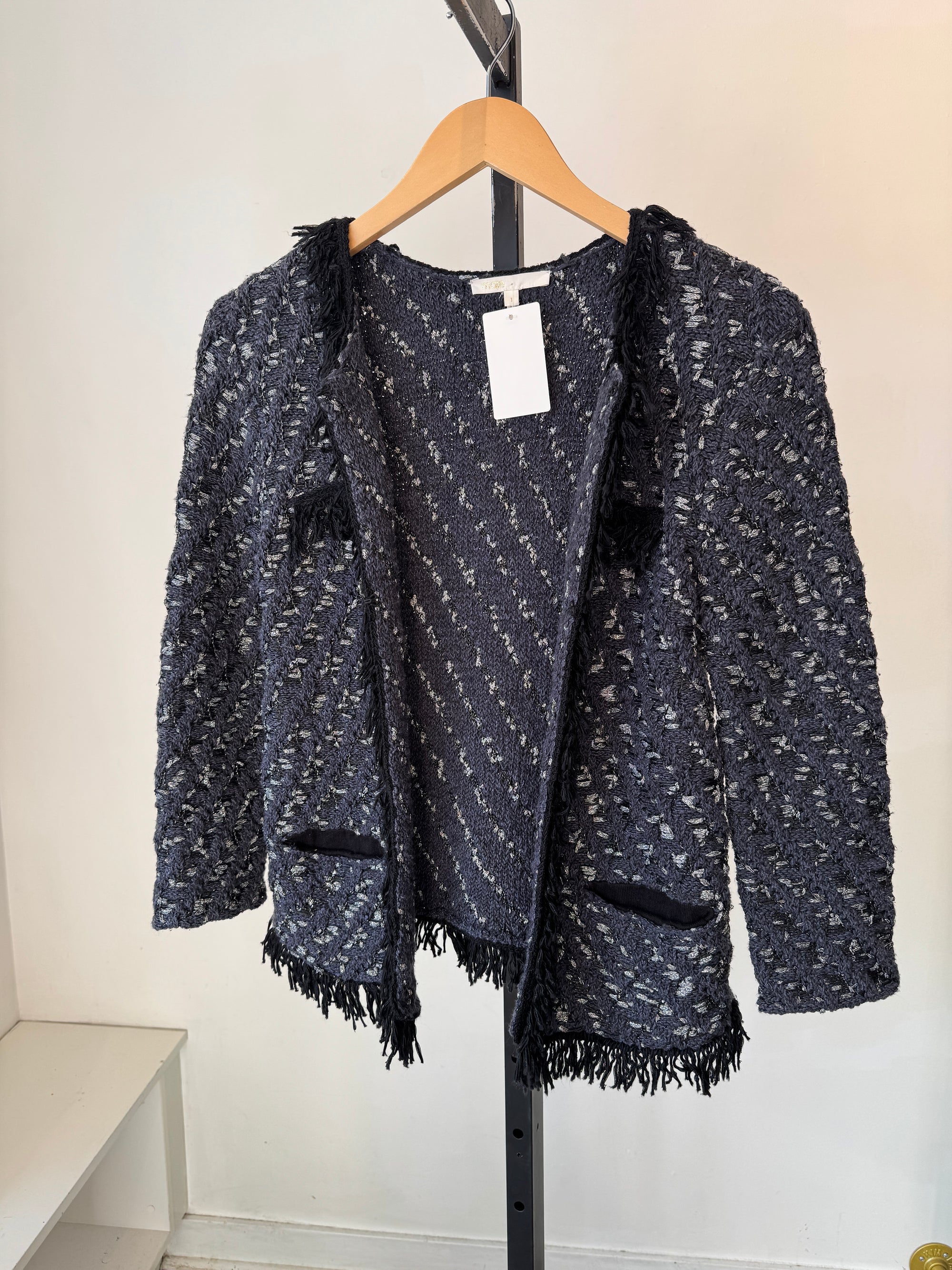 Maje tweed fringe open blazer, Navy, 1