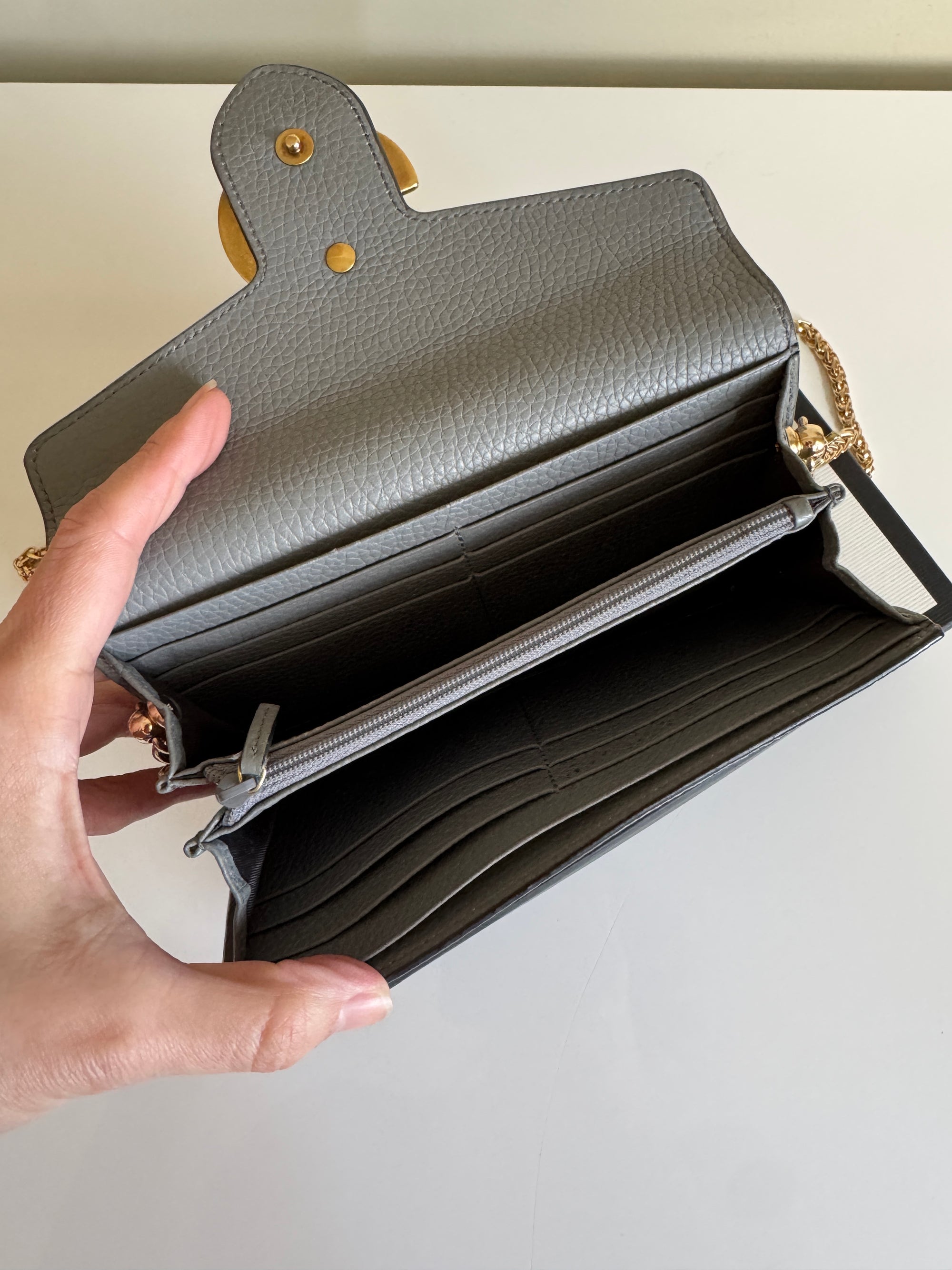 Gucci GG long wallet with gold chain, Grey