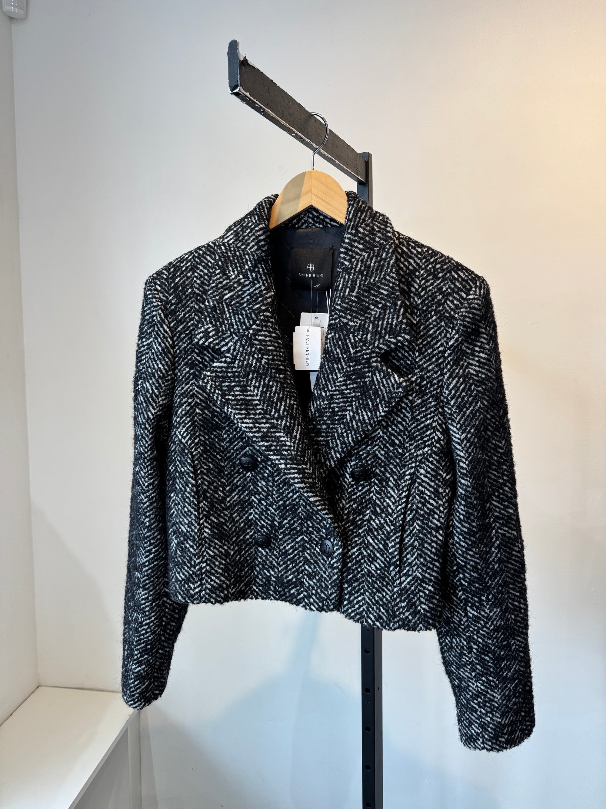 Anine Bing Vienna Double Breasted Herringbone Blazer, Black, XS