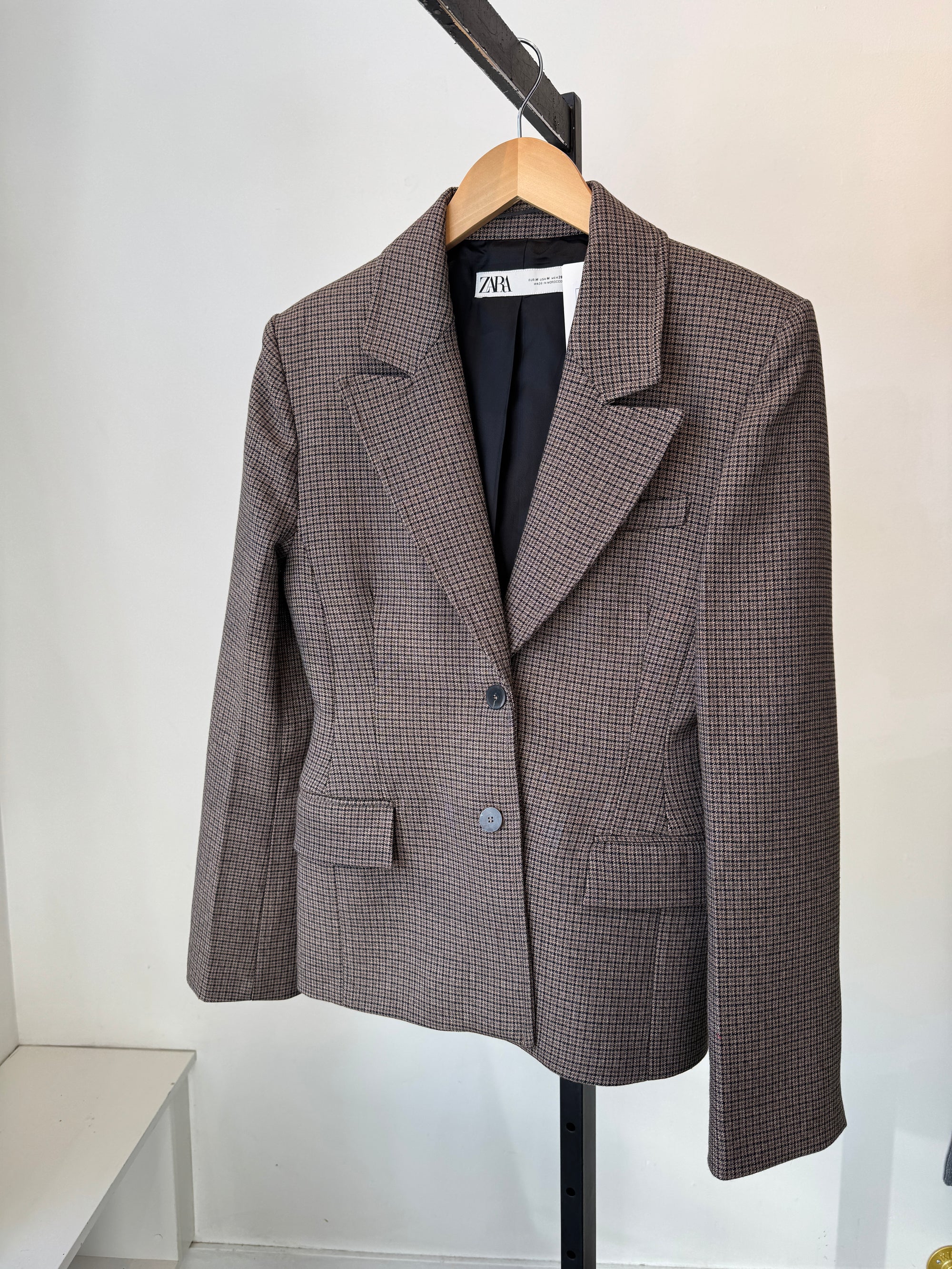 Zara houndstooth cinched blazer, Brown , Medium