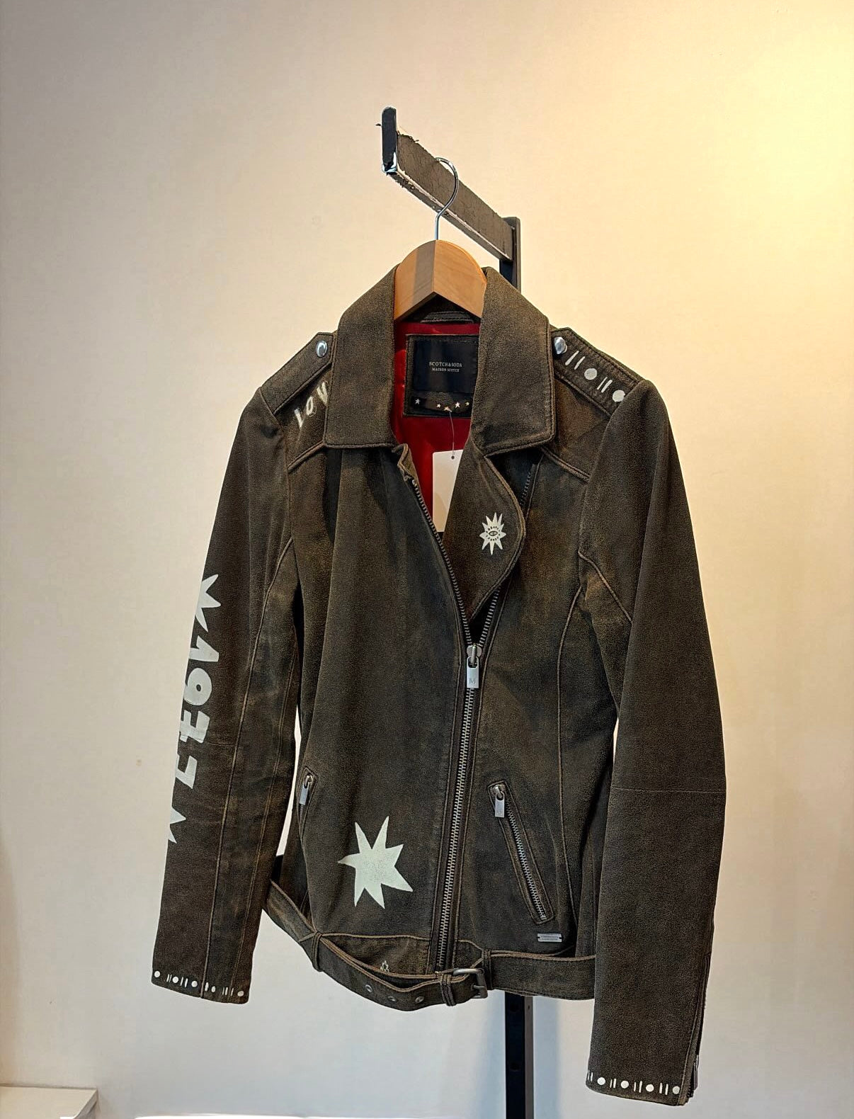 Scotch & Soda painted leather biker jacket, Brown, 1 (S/M)