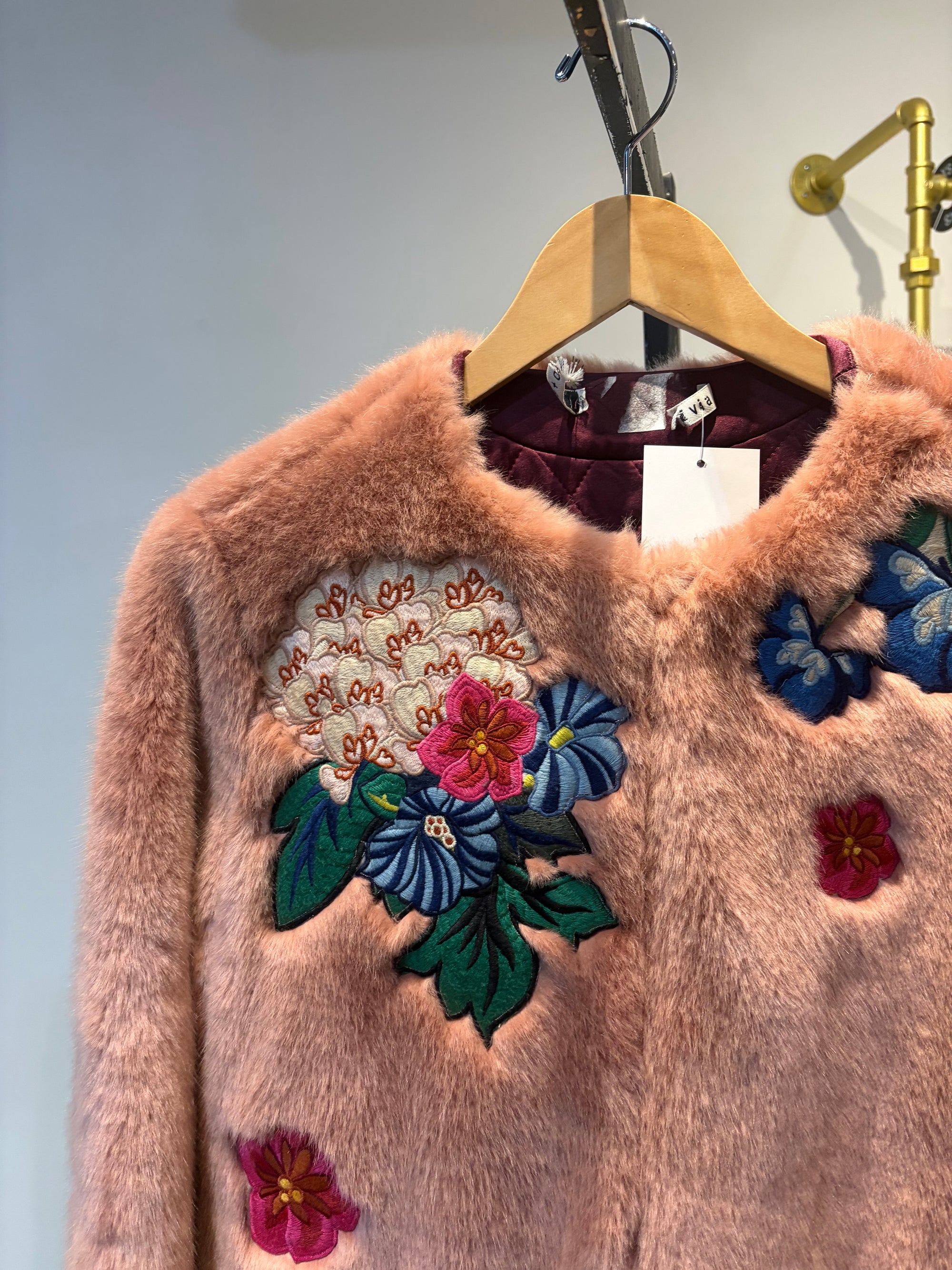 Alice + Olivia embroidered faux fur coat, Pink, Medium