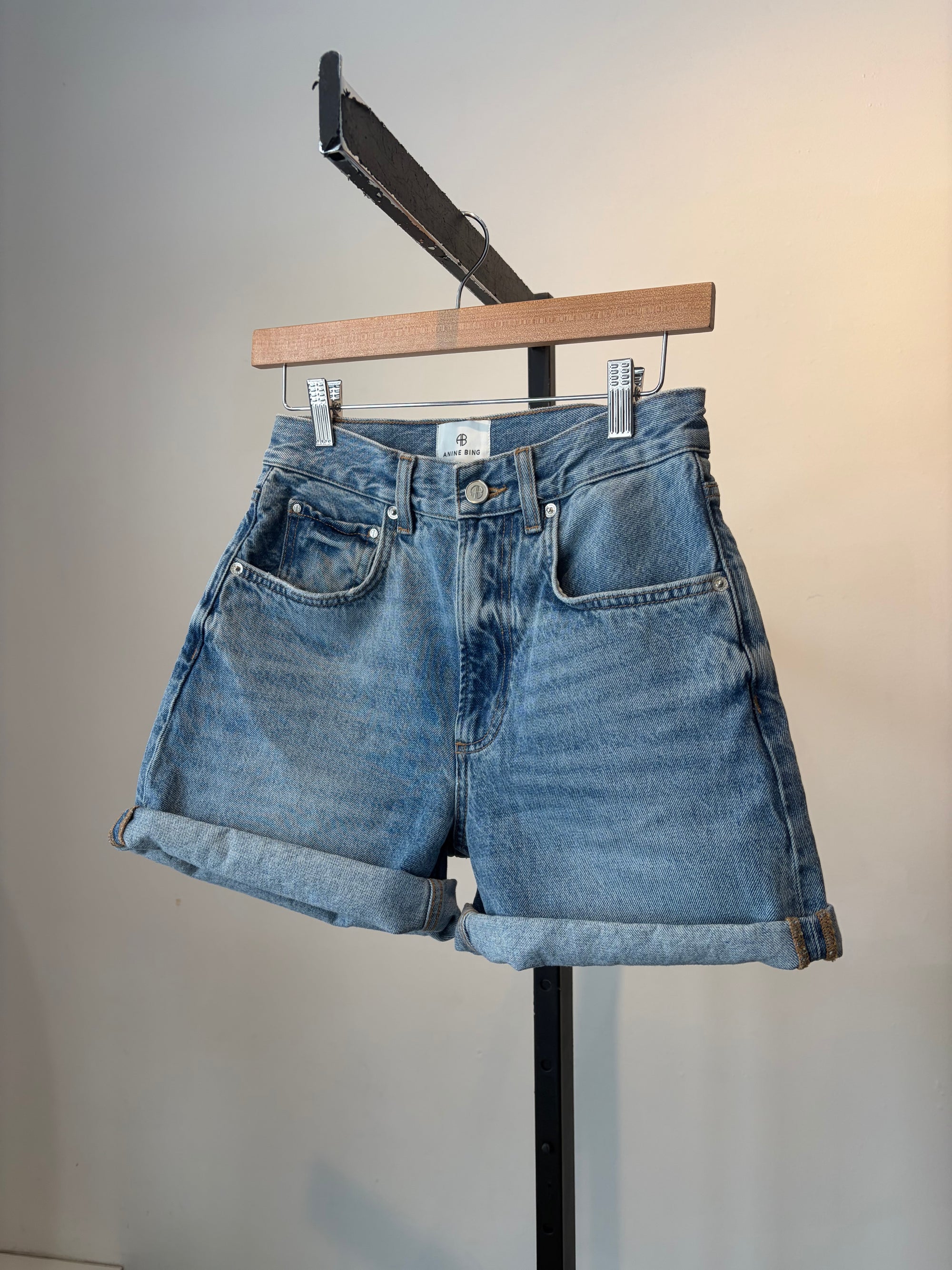 Anine Bing rolled hem denim shorts, Blue, 24