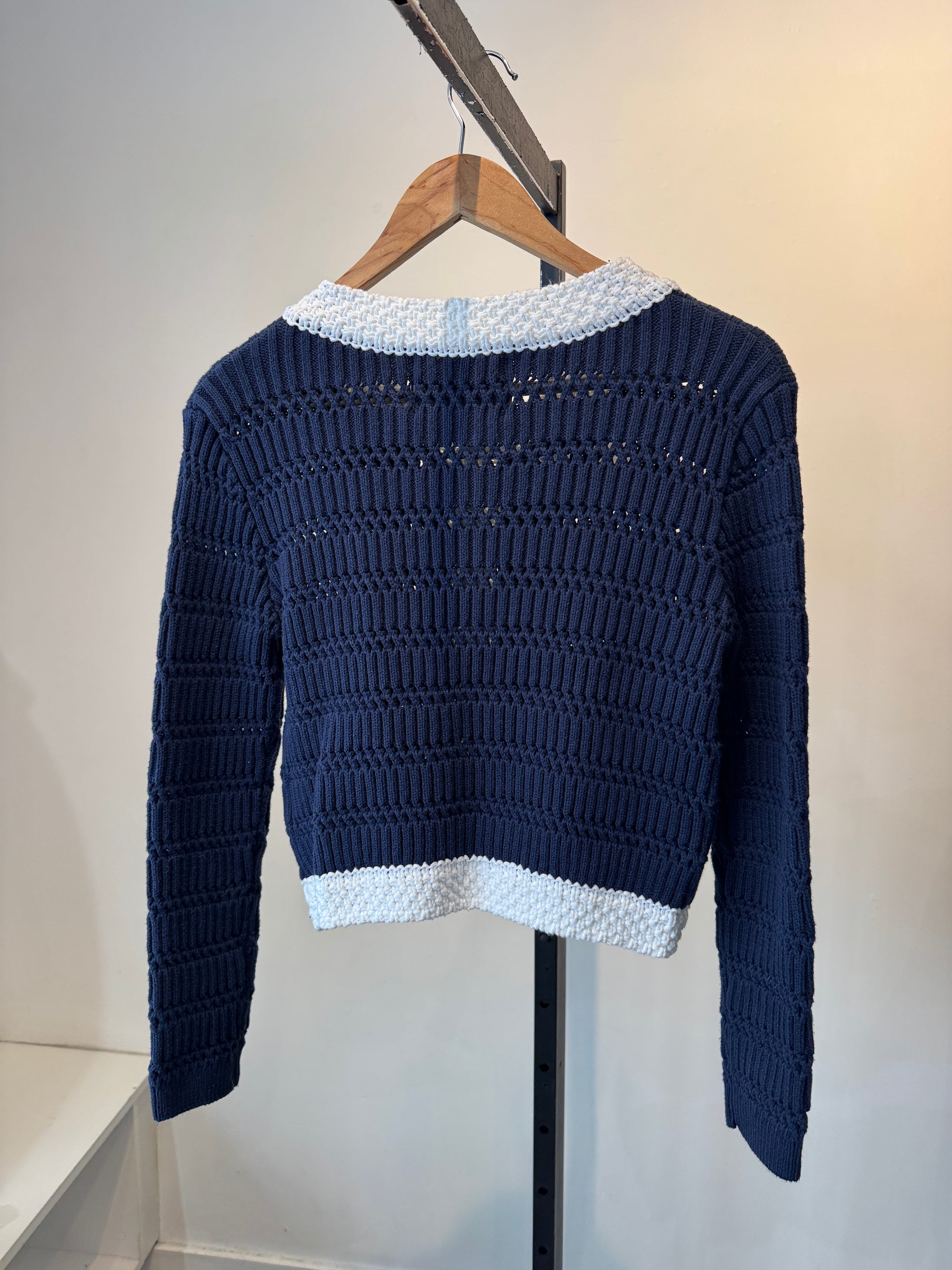 English Factory knit cardigan with gold buttons, Navy/White, Small