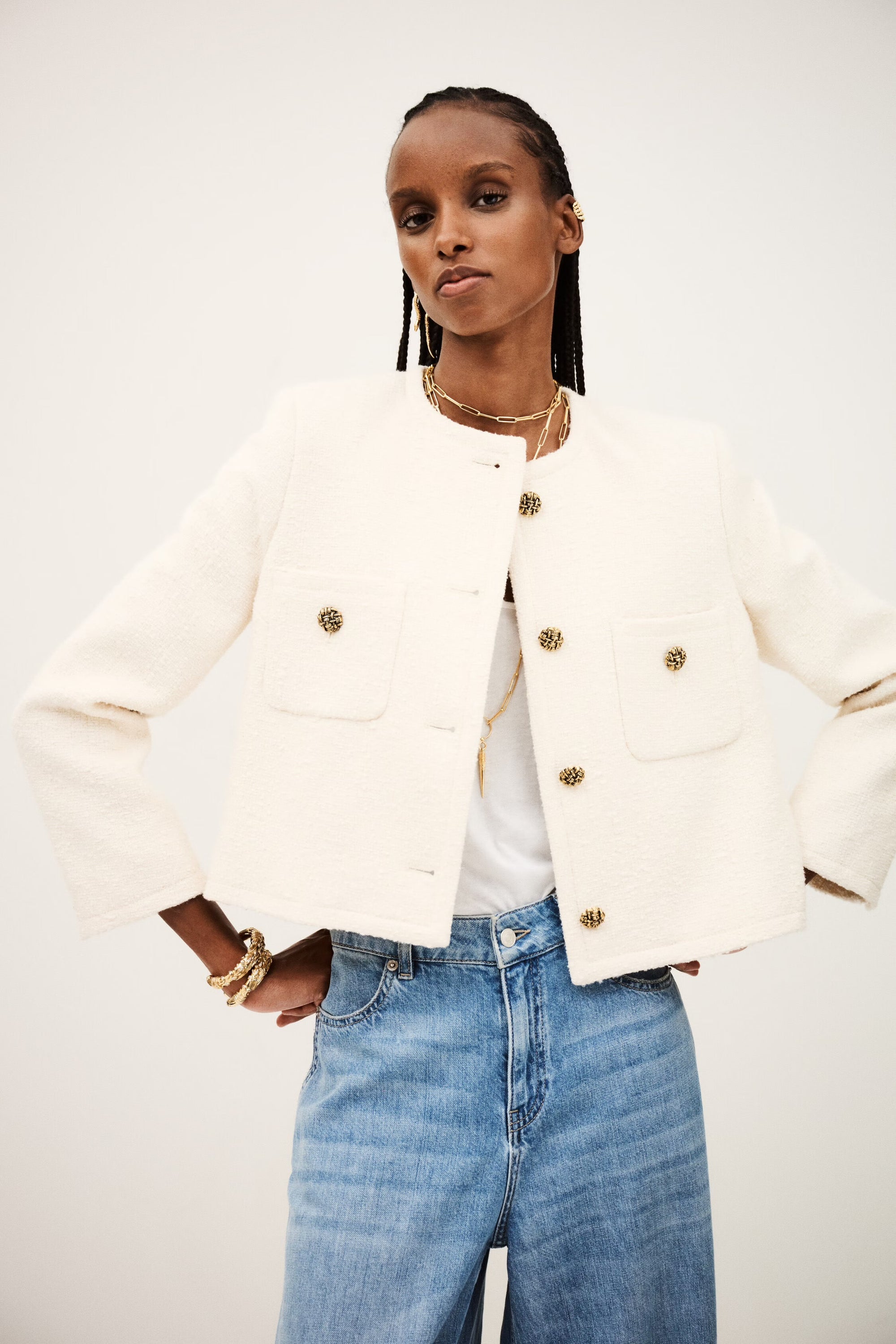 BA&SH Meredith Tweed Crop Blazer with Gold Buttons Cream, 1
