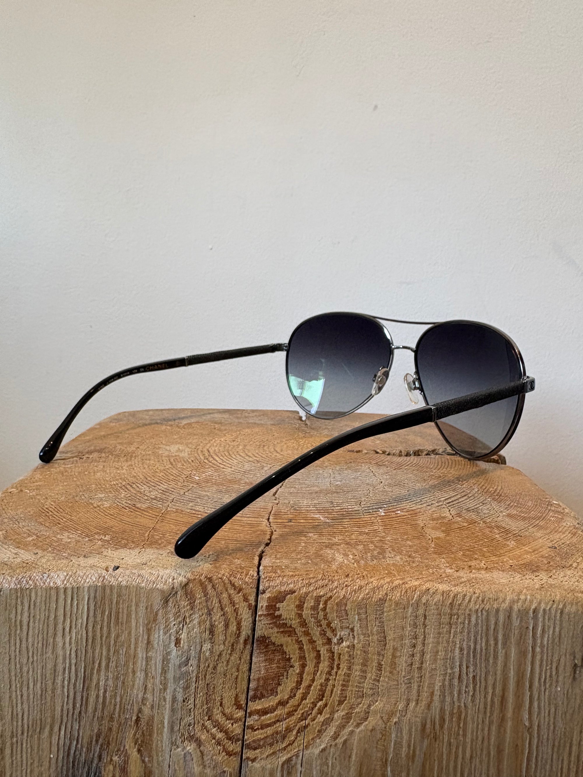 Chanel Aviator Sunglasses with denim arm detail,  Black/Silver