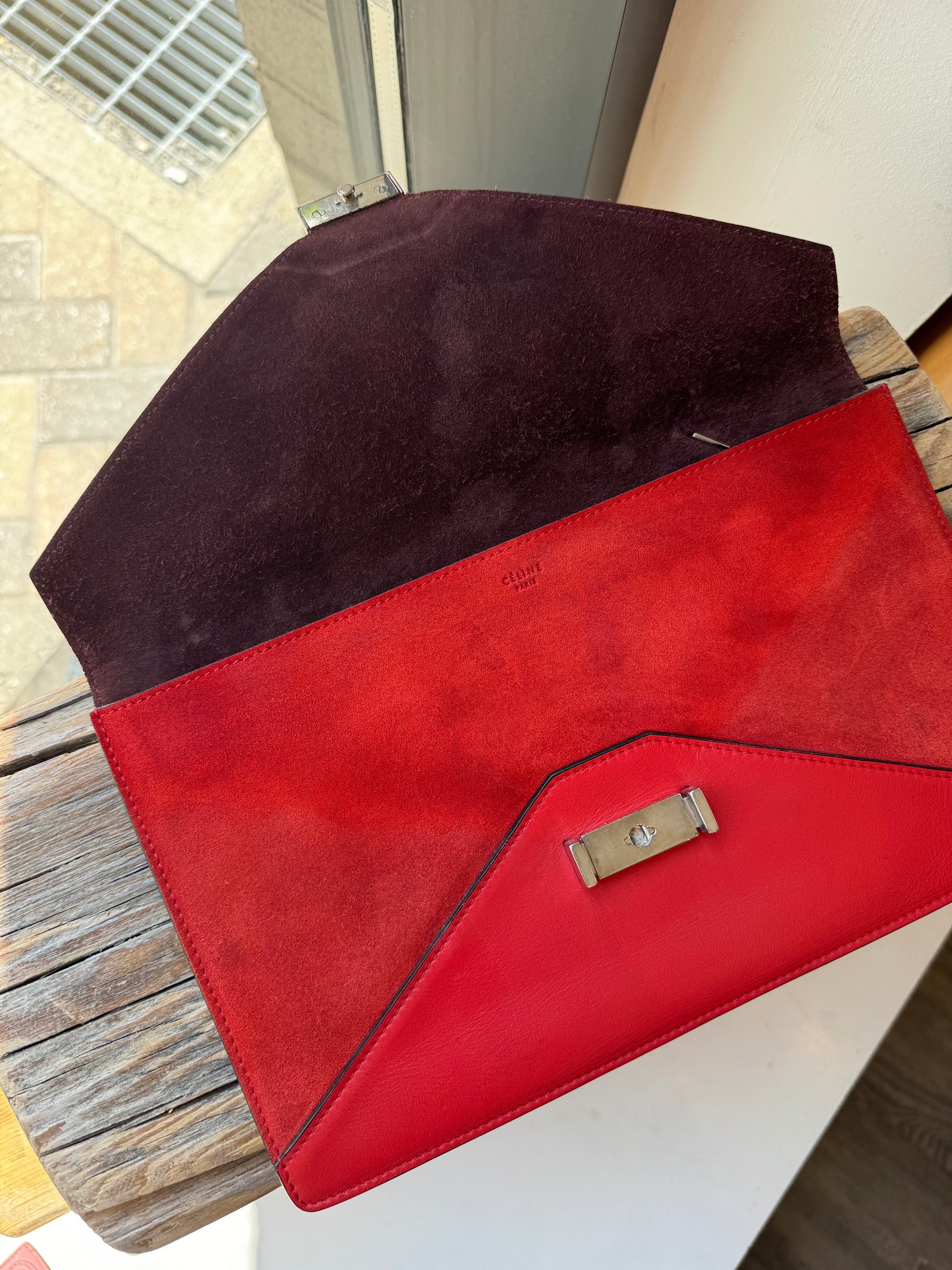 Celine Red Leather And Suede Diamond Clutch Handbag