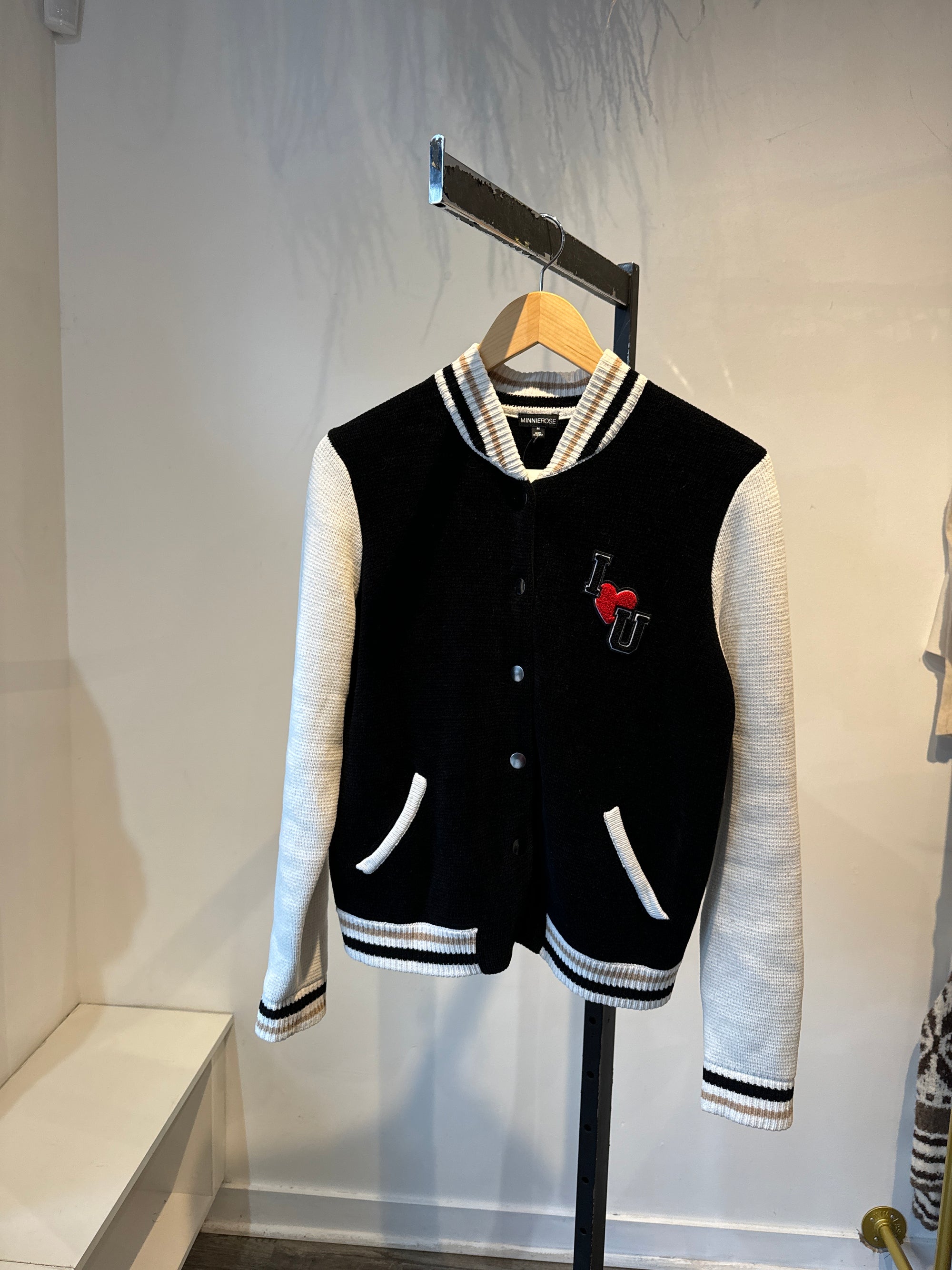 Minnie Rose Varsity Knit Jacket Black, M